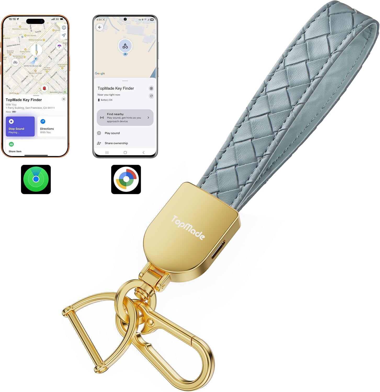 LLAVERO LOCALIZADOR INTELIGENTE TOPMADE DUSTY BLUE Y DORADO - 1