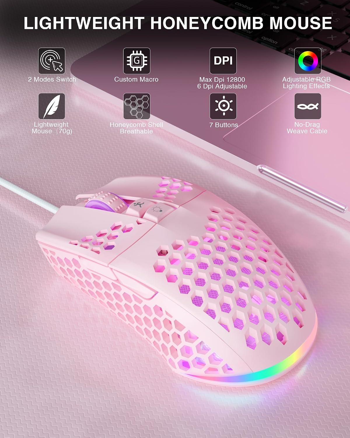 MOUSE GAMER SOLAKAKA SM900 CABLEADO 12800 DPI 7 BOTONES PROGRAMABLES ROSA - 2