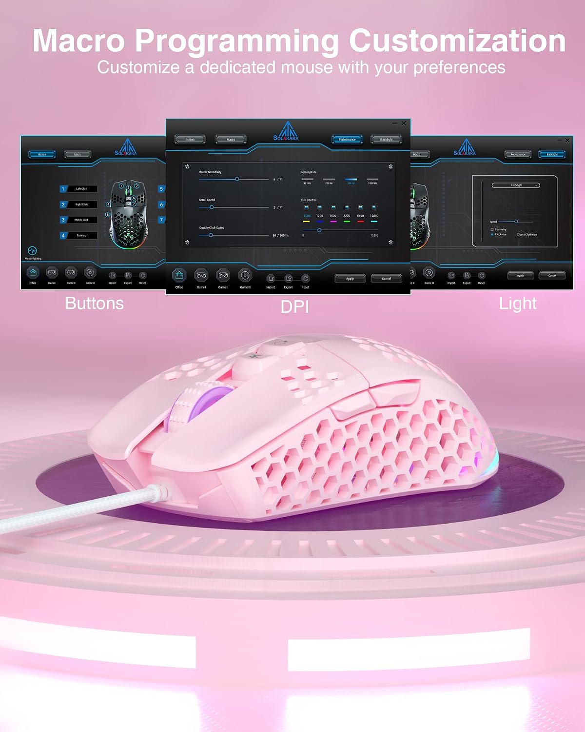 MOUSE GAMER SOLAKAKA SM900 CABLEADO 12800 DPI 7 BOTONES PROGRAMABLES ROSA - 4