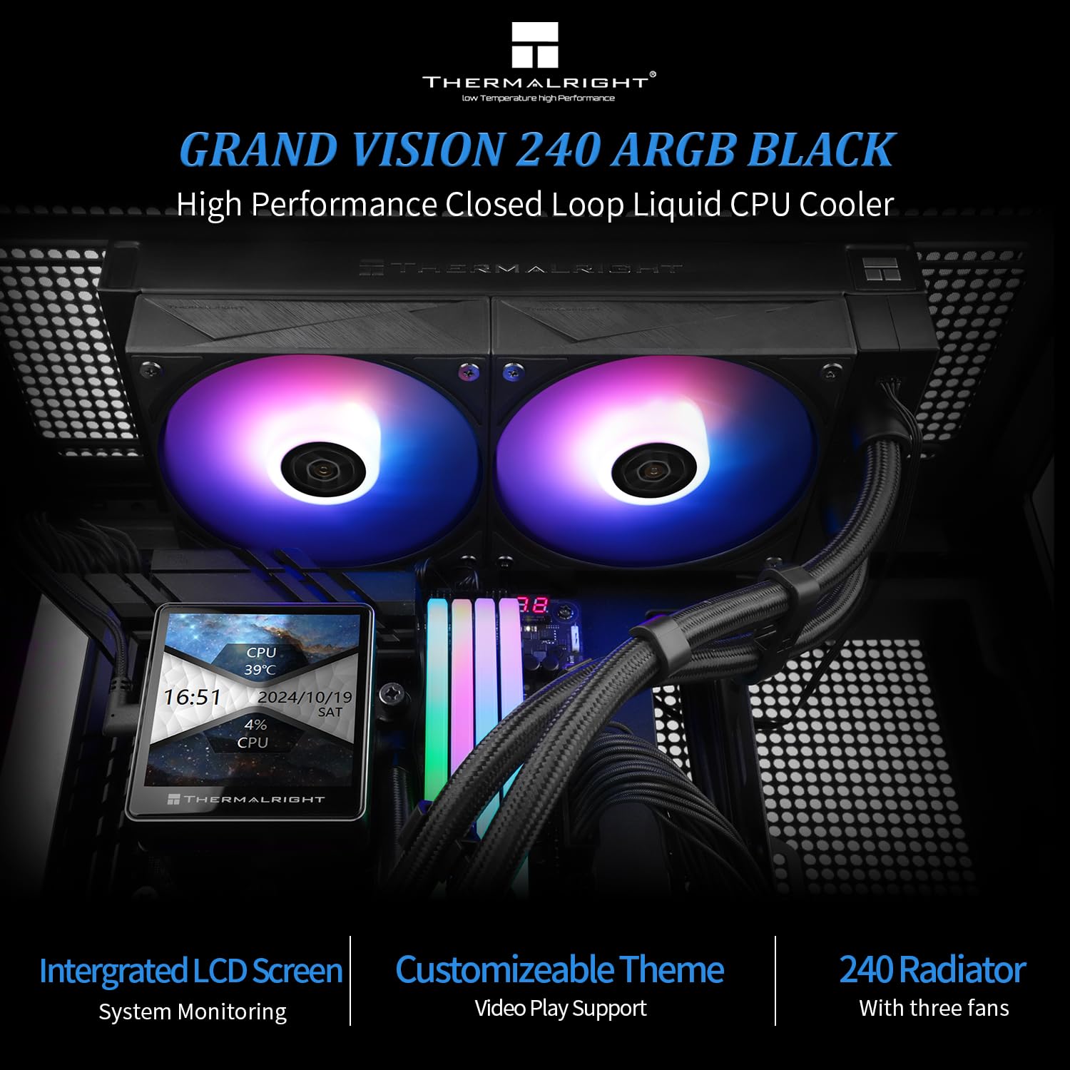 ENFRIADOR LÍQUIDO PARA CPU THERMALRIGHT GRAND VISION 240 ARGB NEGRO CON PANTALLA LCD IPS 3.4 PULGADAS - 2