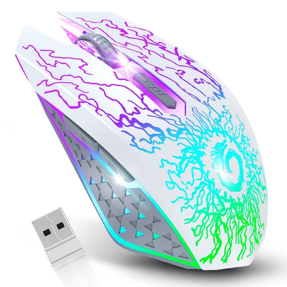 MOUSE GAMER INALÁMBRICO VERSIONTECH BLANCO RECARGABLE CON LUCES LED Y 3 NIVELES DPI - 1
