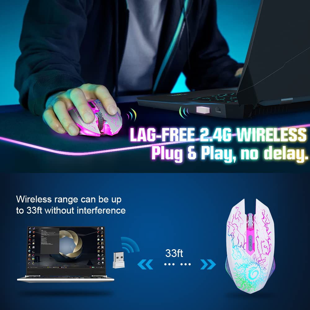 MOUSE GAMER INALÁMBRICO VERSIONTECH BLANCO RECARGABLE CON LUCES LED Y 3 NIVELES DPI - 2