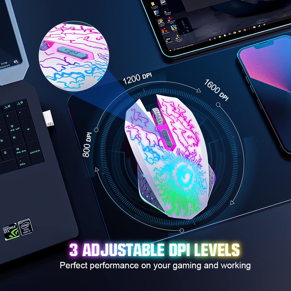 MOUSE GAMER INALÁMBRICO VERSIONTECH BLANCO RECARGABLE CON LUCES LED Y 3 NIVELES DPI - 3