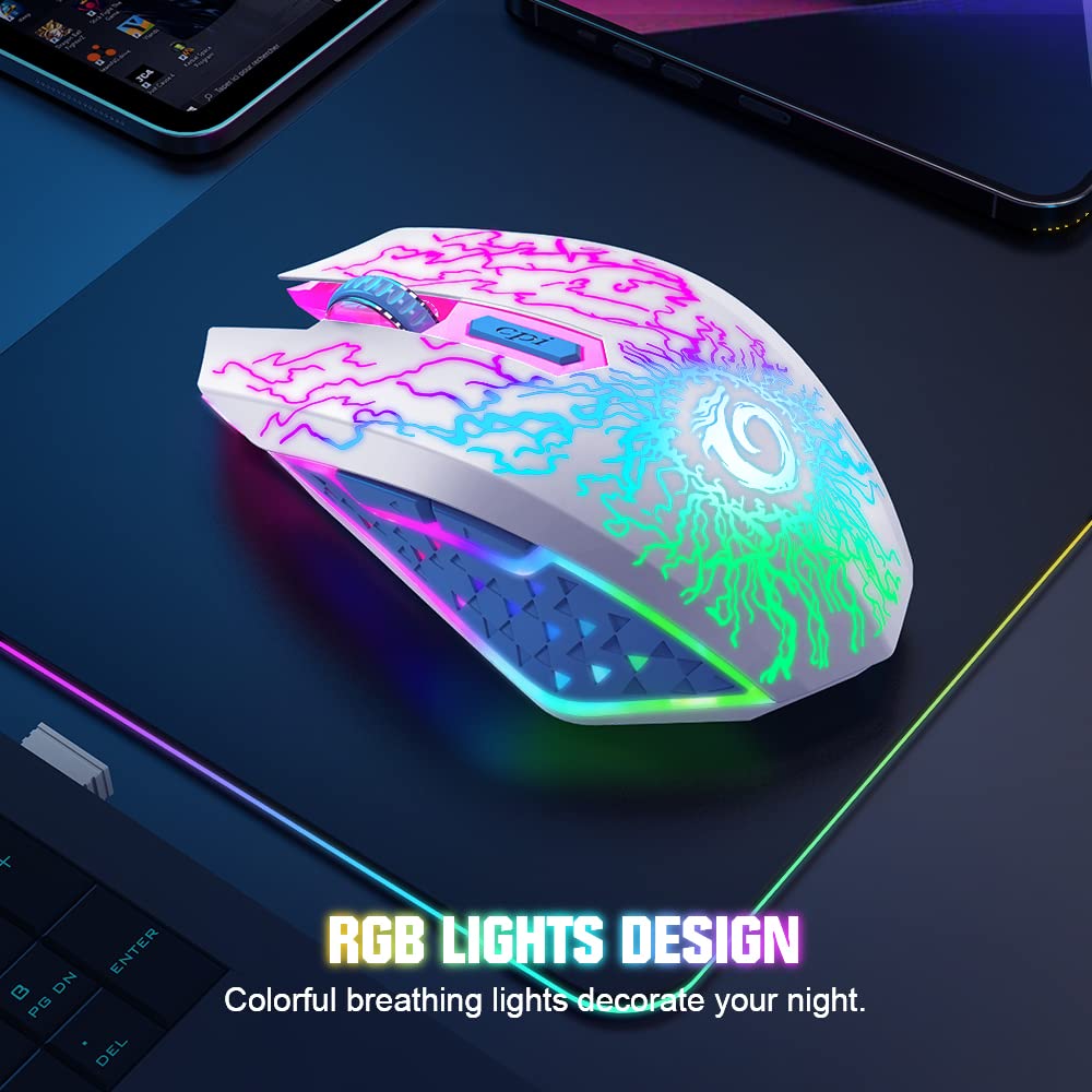 MOUSE GAMER INALÁMBRICO VERSIONTECH BLANCO RECARGABLE CON LUCES LED Y 3 NIVELES DPI - 4