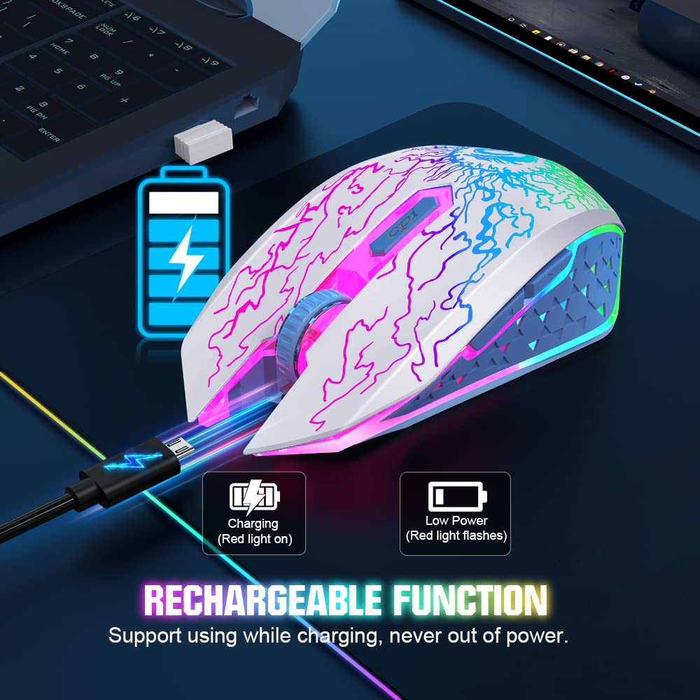 MOUSE GAMER INALÁMBRICO VERSIONTECH BLANCO RECARGABLE CON LUCES LED Y 3 NIVELES DPI - 5