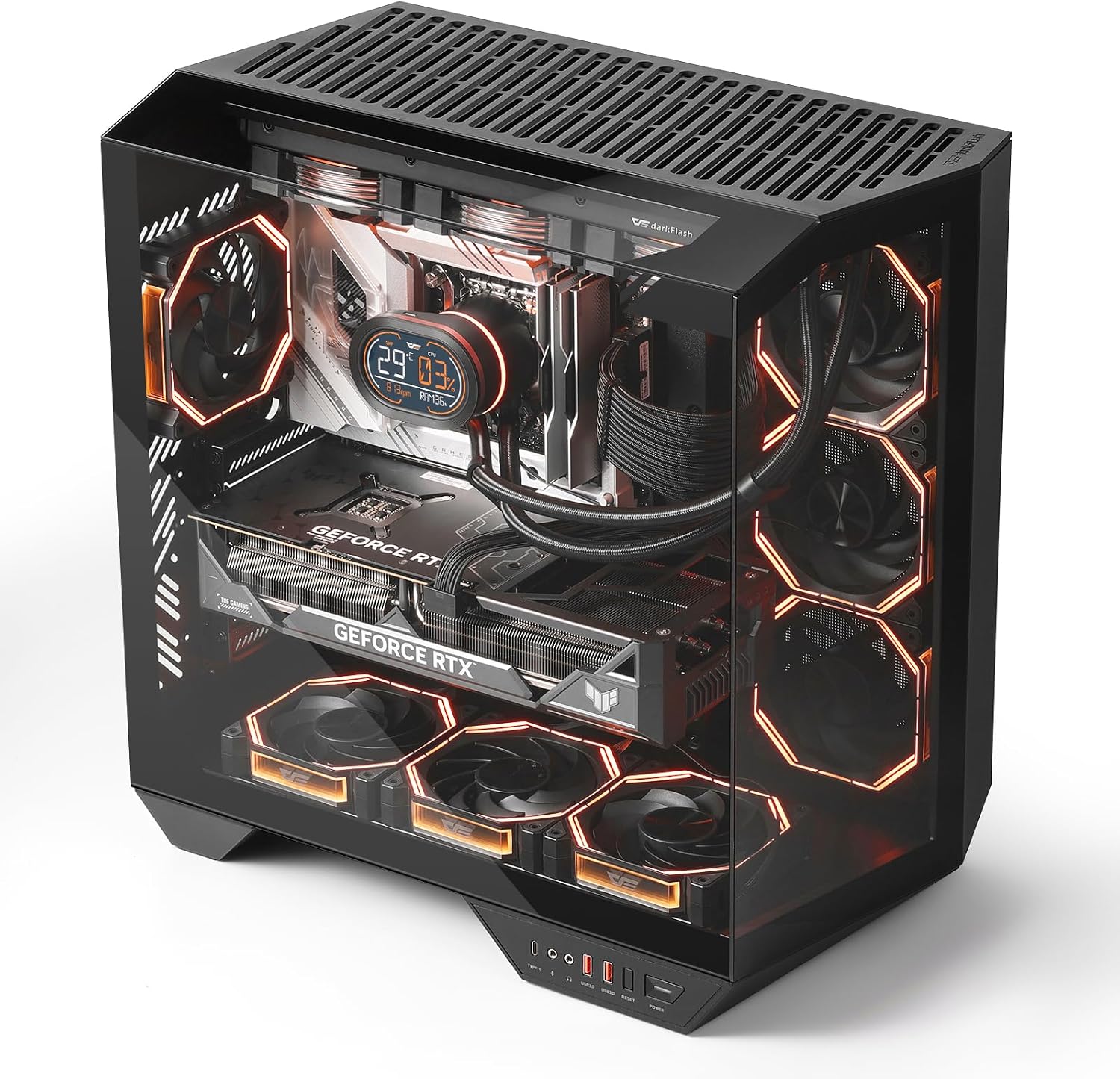 GABINETE PARA PC GAMING DARKFLASH DY470 FULL-TOWER ATX CON 4 VENTILADORES PWM ARGB, NEGRO - 1