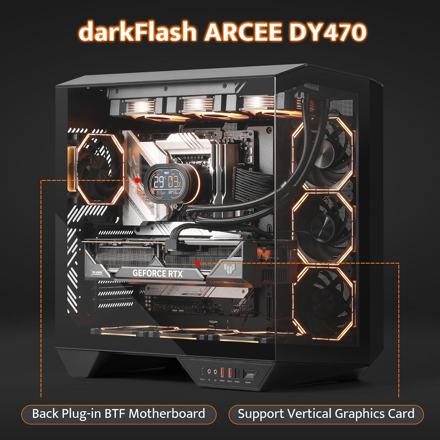 GABINETE PARA PC GAMING DARKFLASH DY470 FULL-TOWER ATX CON 4 VENTILADORES PWM ARGB, NEGRO - 4