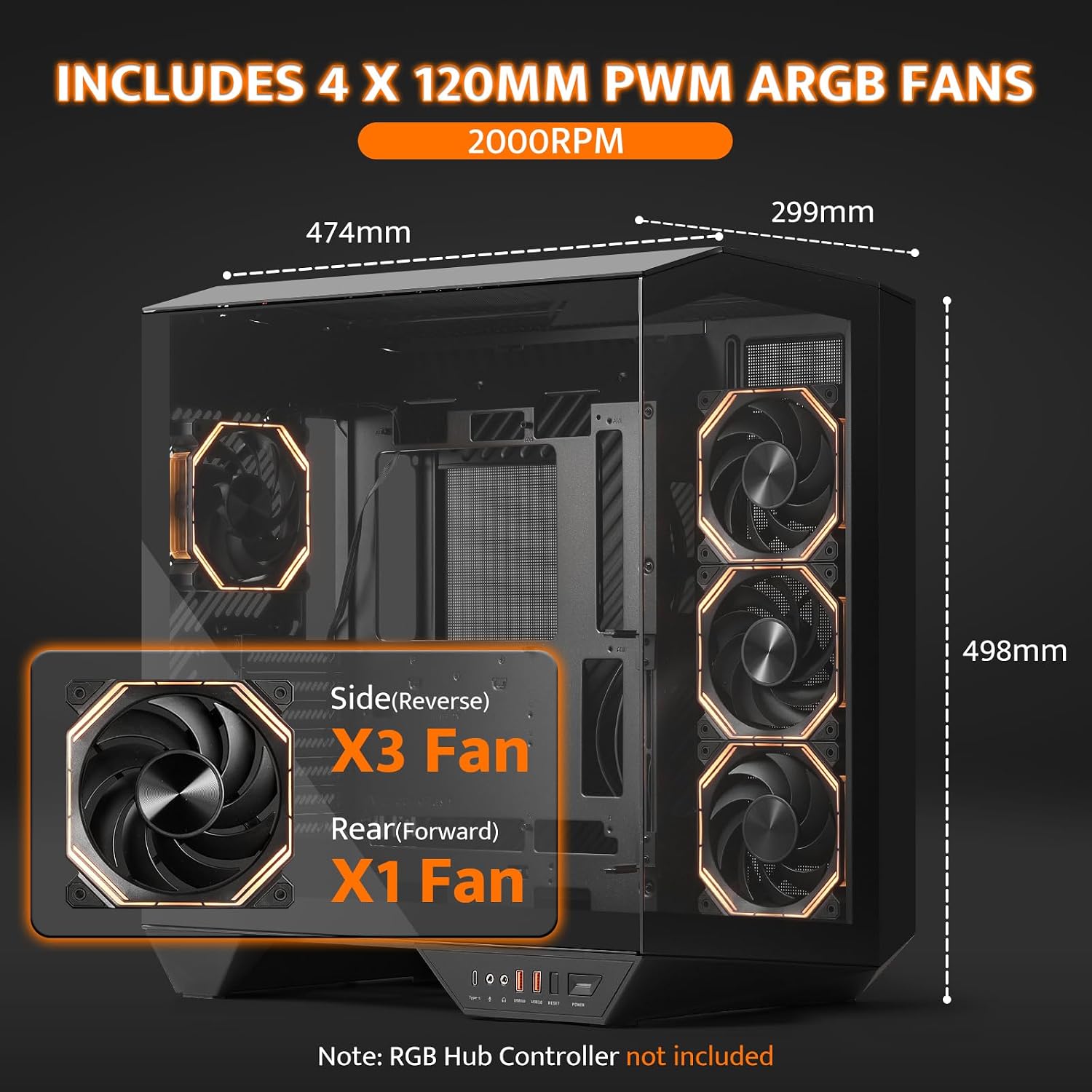 GABINETE PARA PC GAMING DARKFLASH DY470 FULL-TOWER ATX CON 4 VENTILADORES PWM ARGB, NEGRO - 5