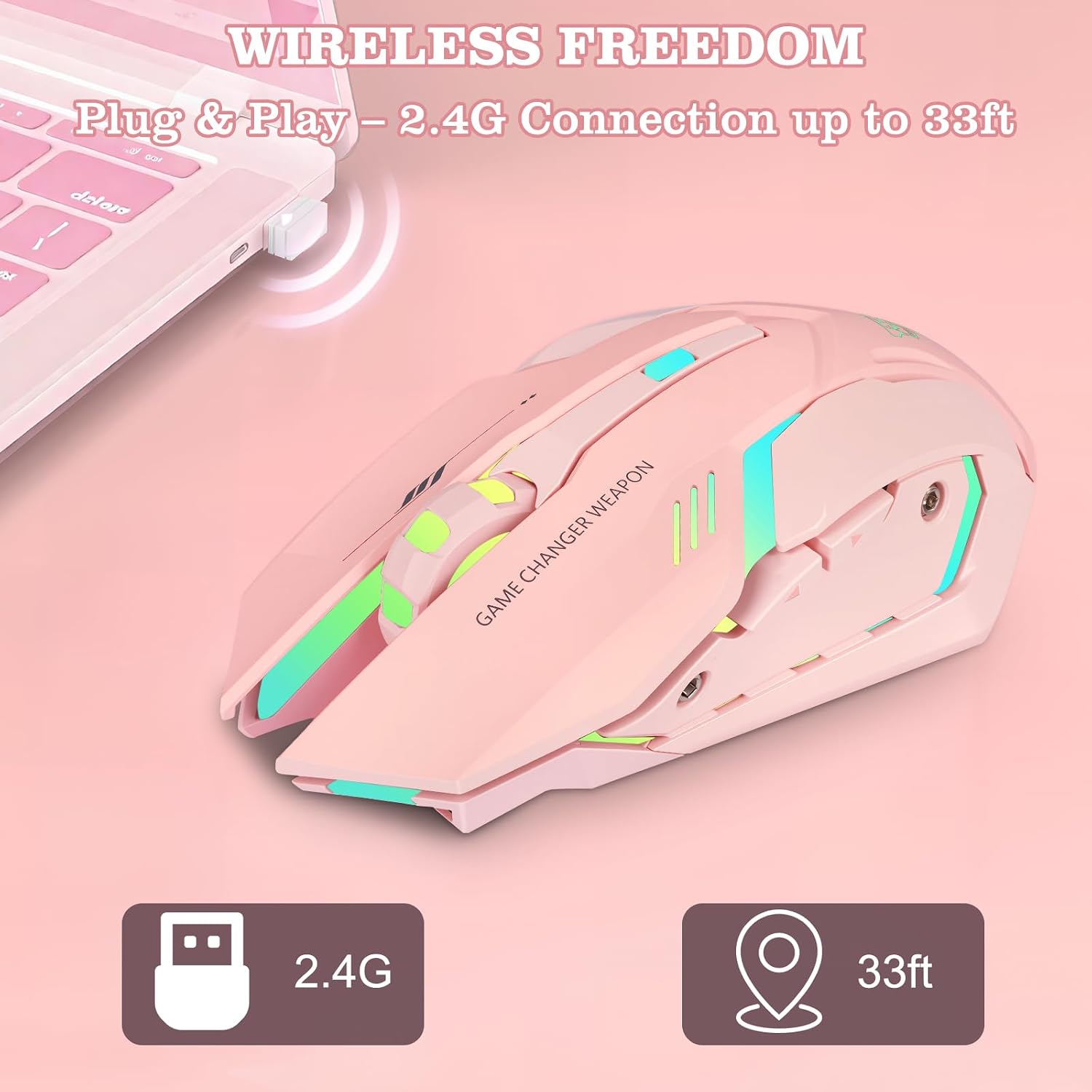 MOUSE GAMER INALÁMBRICO LACOLAIN RECARGABLE CON CARGA RÁPIDA TYPE-C 3 DPI AJUSTABLES 6 BOTONES SILENCIOSOS LED ROSA - 2
