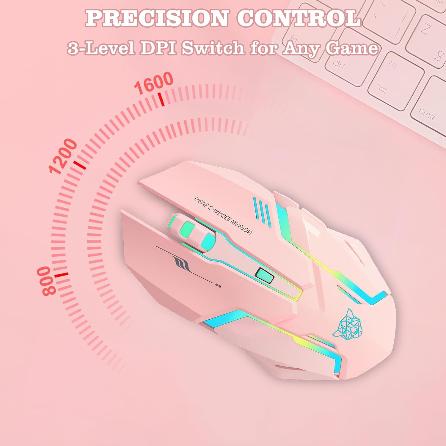 MOUSE GAMER INALÁMBRICO LACOLAIN RECARGABLE CON CARGA RÁPIDA TYPE-C 3 DPI AJUSTABLES 6 BOTONES SILENCIOSOS LED ROSA - 3