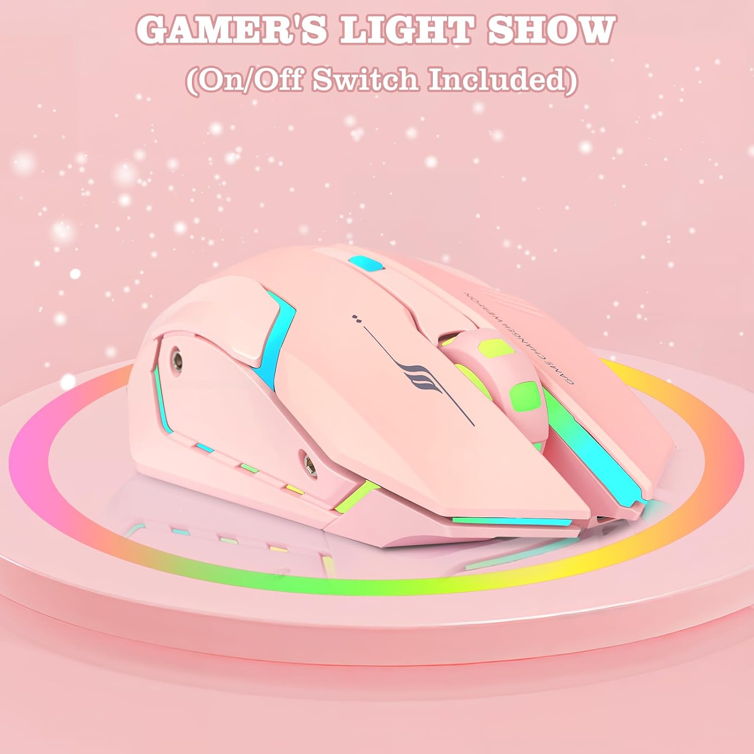 MOUSE GAMER INALÁMBRICO LACOLAIN RECARGABLE CON CARGA RÁPIDA TYPE-C 3 DPI AJUSTABLES 6 BOTONES SILENCIOSOS LED ROSA - 4