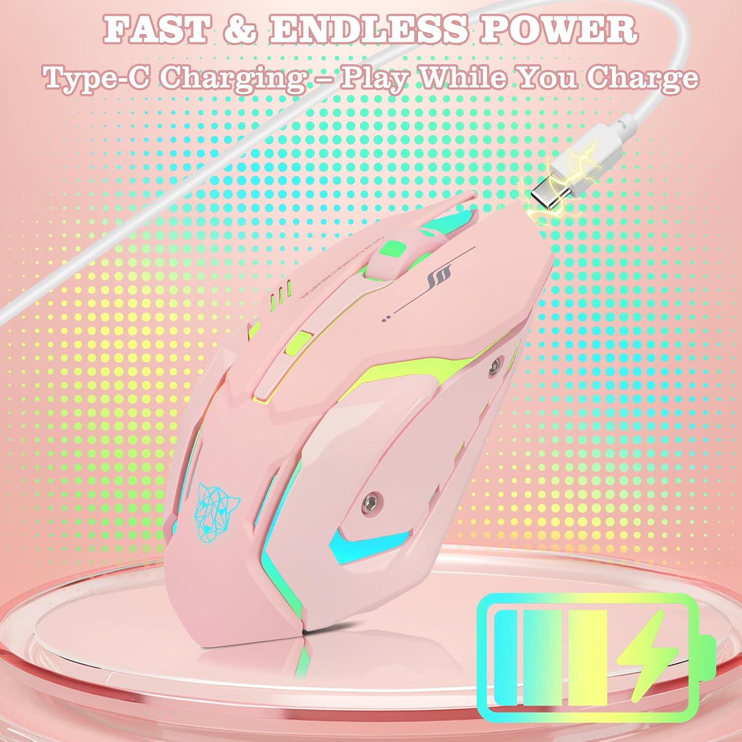 MOUSE GAMER INALÁMBRICO LACOLAIN RECARGABLE CON CARGA RÁPIDA TYPE-C 3 DPI AJUSTABLES 6 BOTONES SILENCIOSOS LED ROSA - 5
