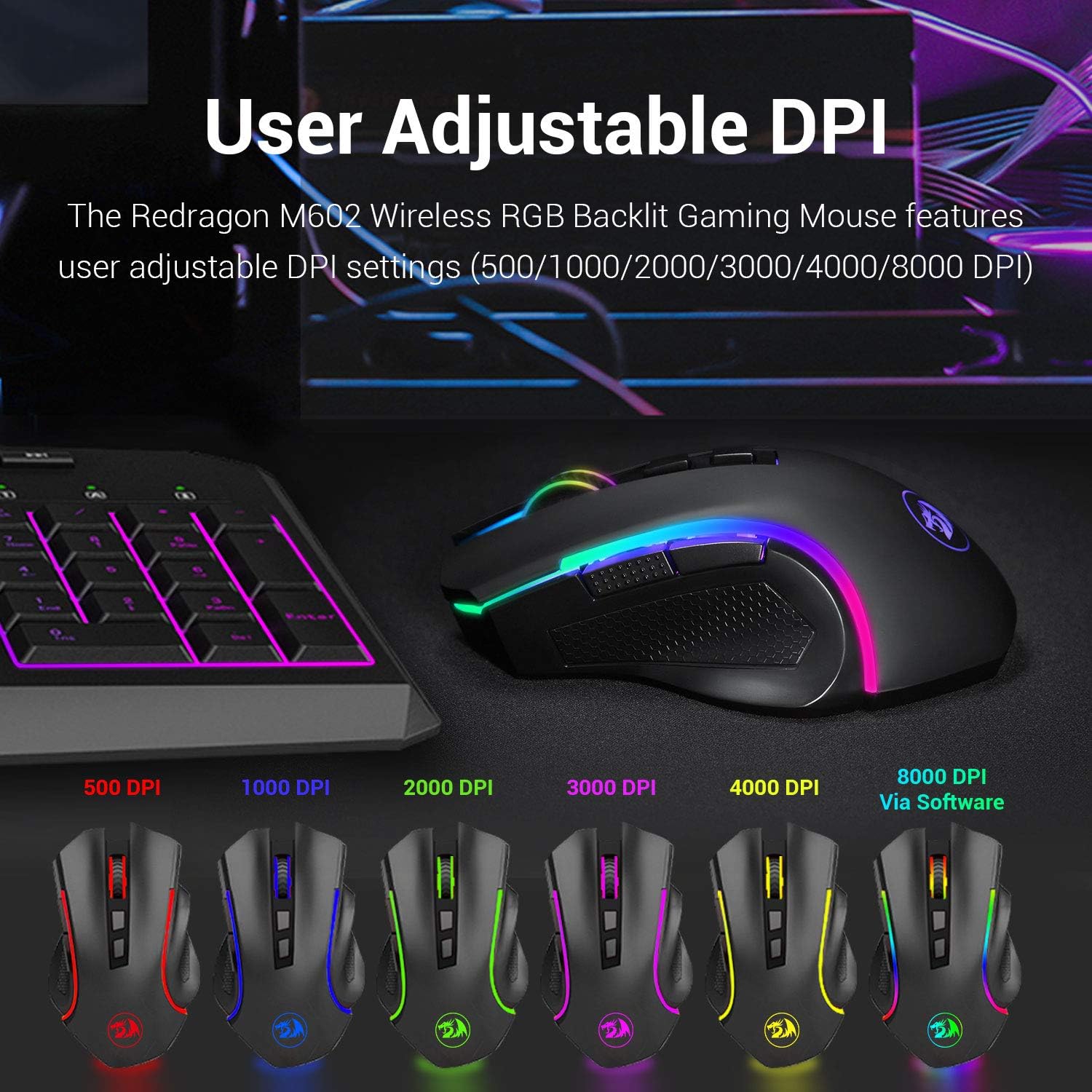 MOUSE GAMER REDRAGON M602 GRIFFIN RGB TRI-MODE 8000 DPI - 4