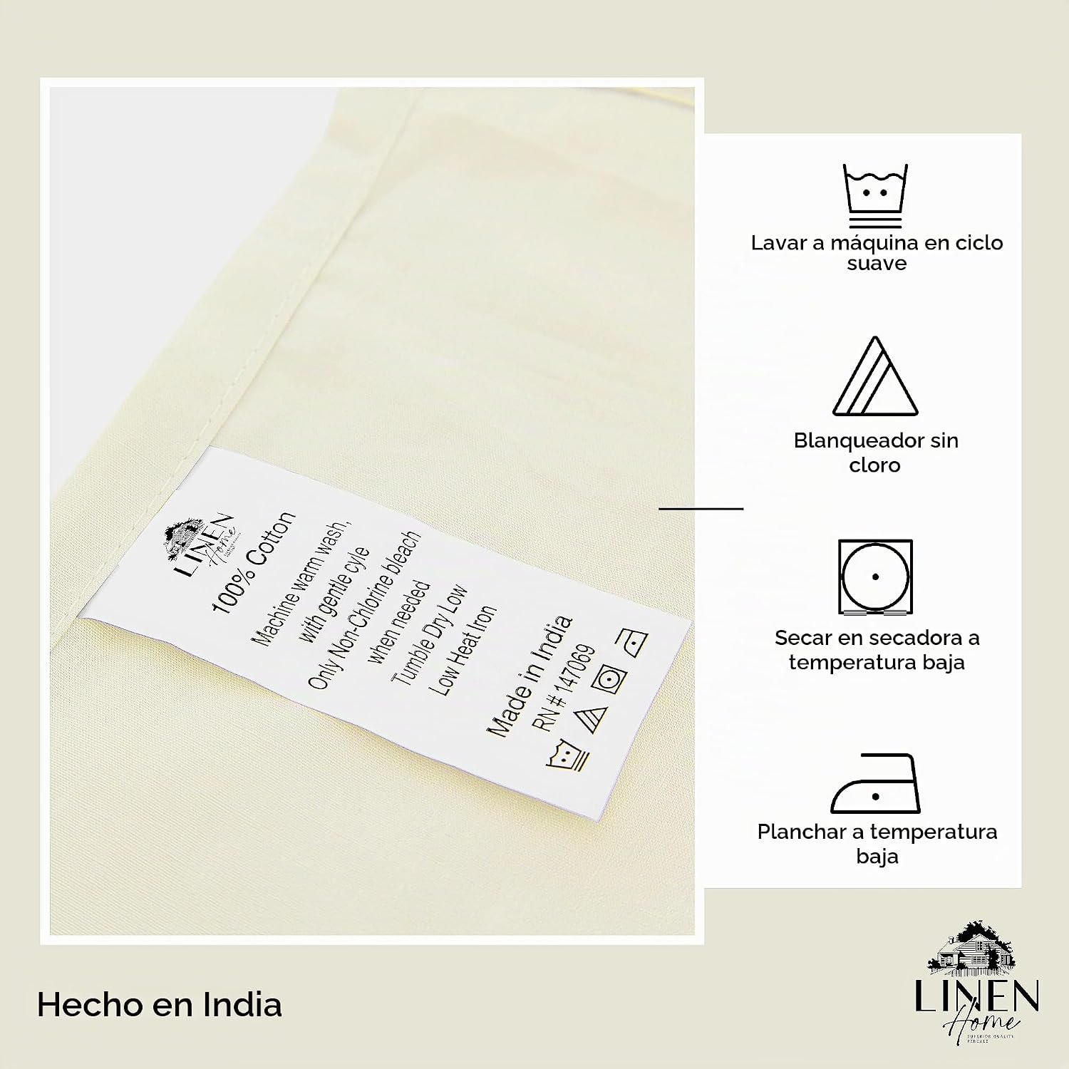 JUEGO DE SÁBANAS LINEN HOME QUEEN CREMA 4 PIEZAS ALGODÓN PERCAL - 4