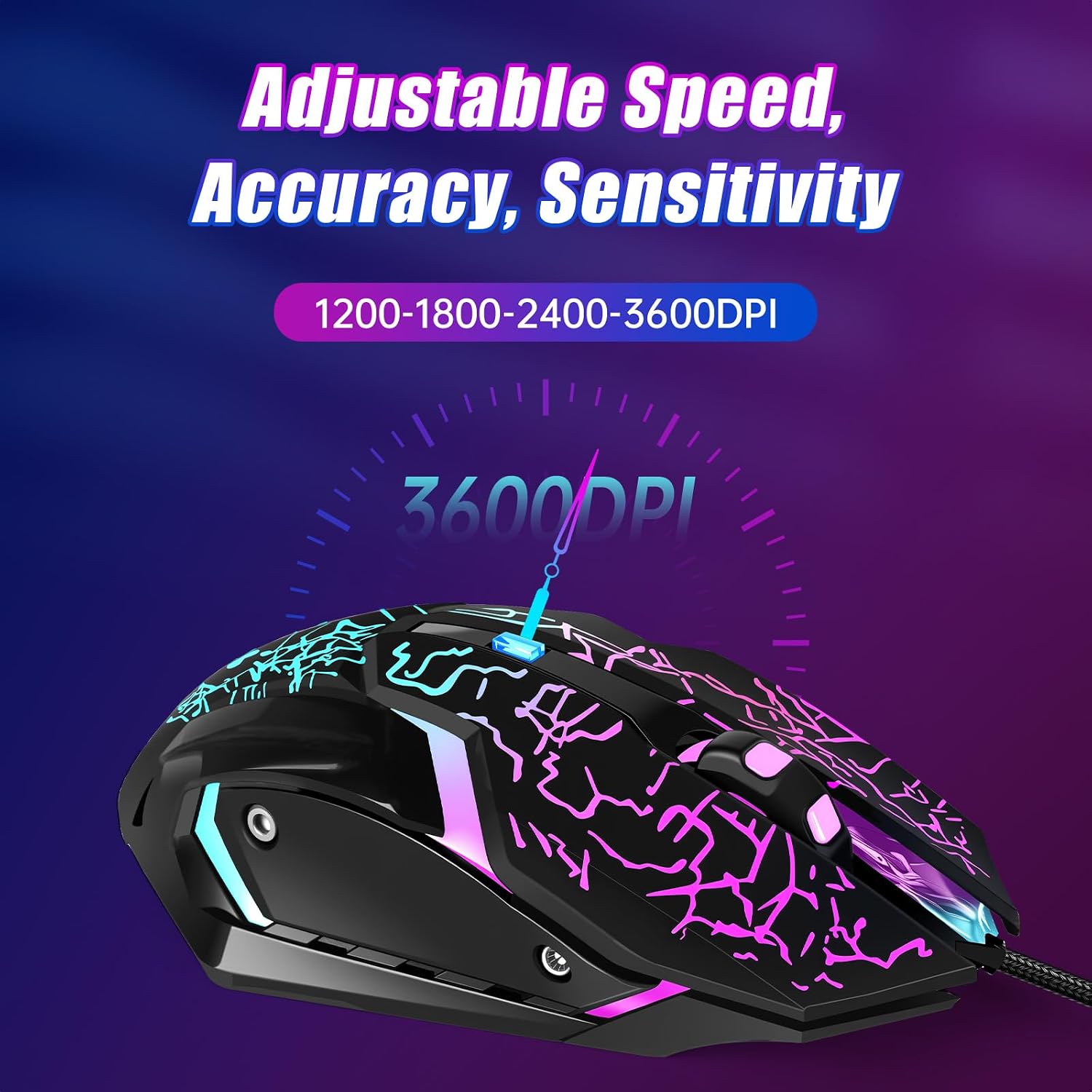 MOUSE GAMER LACOLAIN USB CON 6 BOTONES Y 4 NIVELES DE DPI HASTA 3600, NEGRO - 3