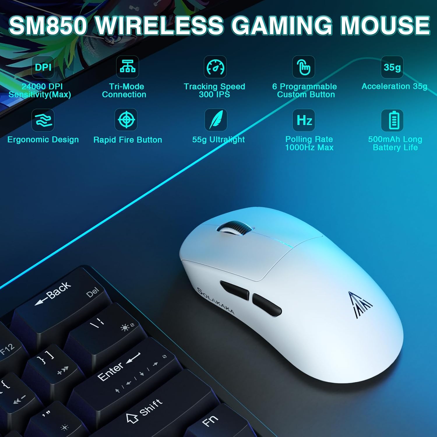 MOUSE GAMER CORBOBO SOLAKAKA SM850 WIRELESS 24000 DPI LIGERO - 2