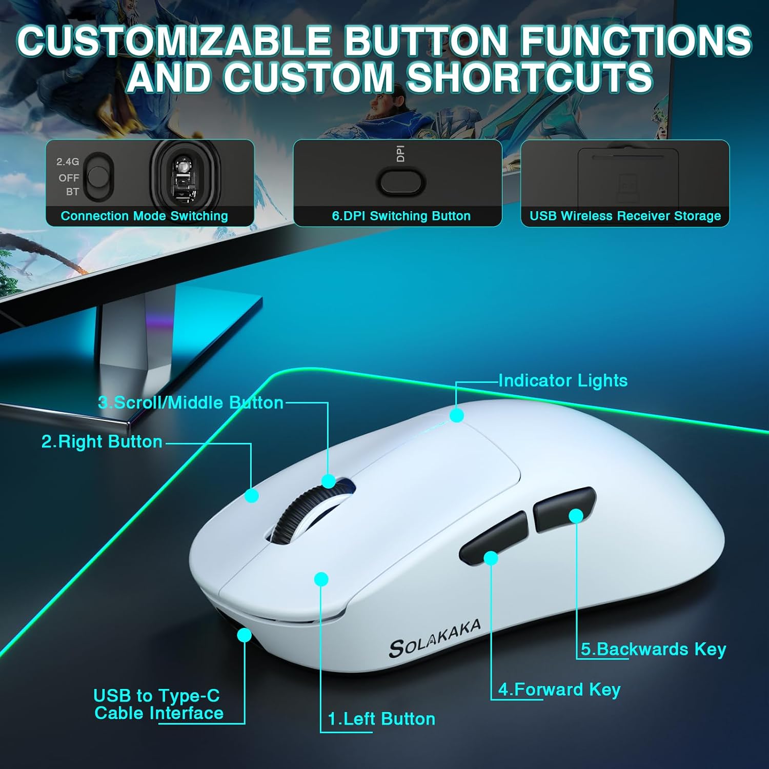 MOUSE GAMER CORBOBO SOLAKAKA SM850 WIRELESS 24000 DPI LIGERO - 3