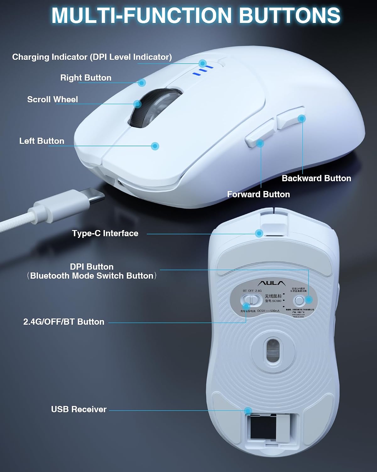 MOUSE GAMER AULA SC580 INALÁMBRICO TRI-MODO BLANCO 12000 DPI - 5