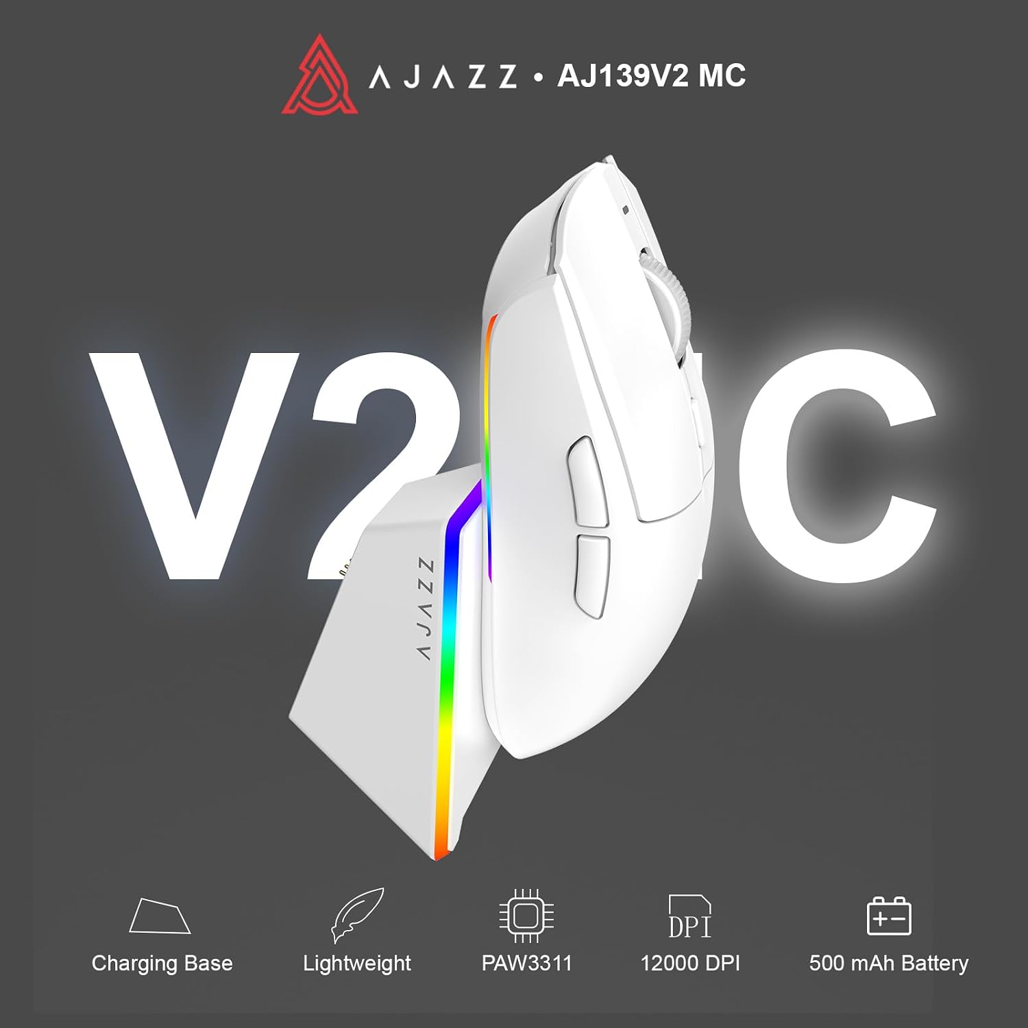 MOUSE GAMER AJAZZ AJ139 V2 MC INALÁMBRICO BLANCO CON BASE DE CARGA RGB Y SENSOR PAW3311 24000 DPI - 2