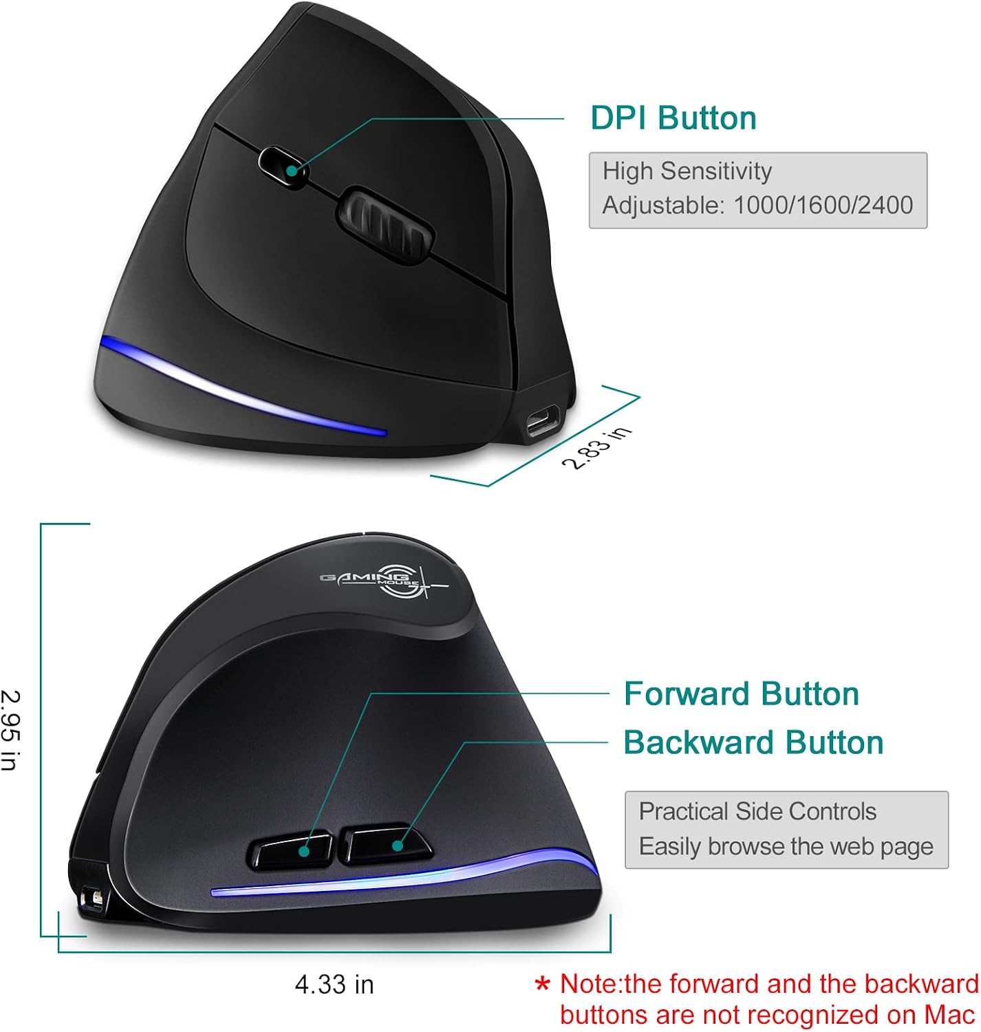 MOUSE GAMER TRELC WIRELESS TRI-MODE BT 5.0/3.0+2.4GHZ ERGONOMICO VERTICAL 3 DPI RECARGABLE NEGRO - 5