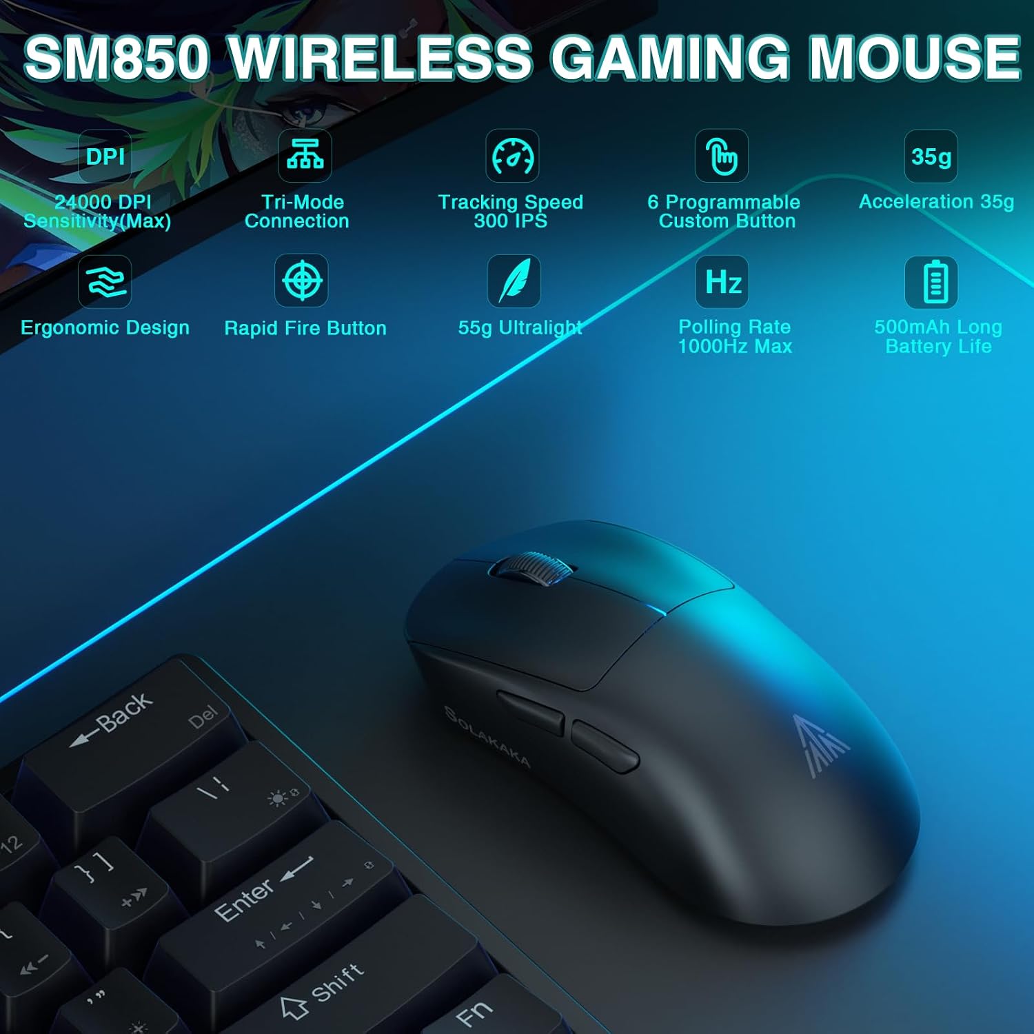 MOUSE GAMER CORBOBO SOLAKAKA SM850 INALÁMBRICO CON BOTONES PROGRAMABLES - 2