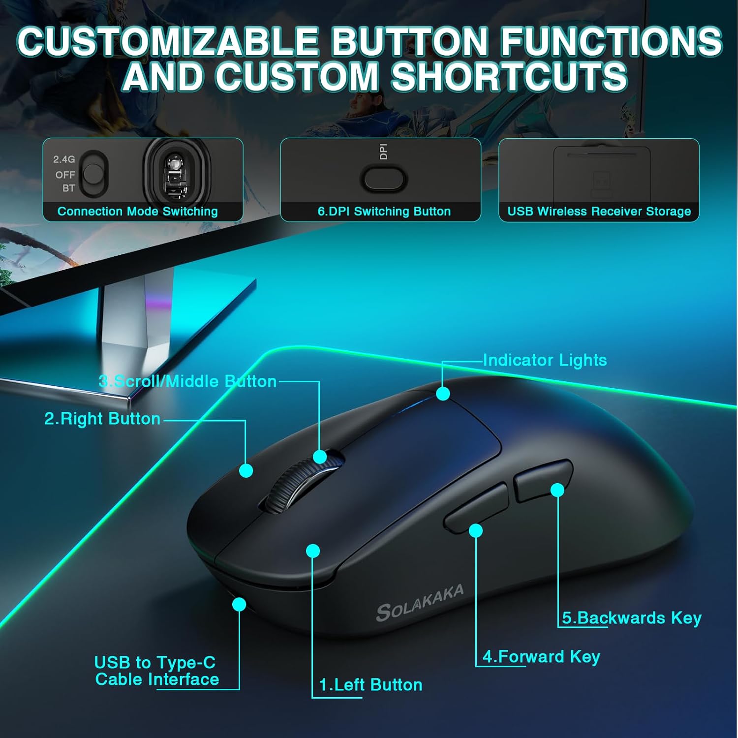 MOUSE GAMER CORBOBO SOLAKAKA SM850 INALÁMBRICO CON BOTONES PROGRAMABLES - 3