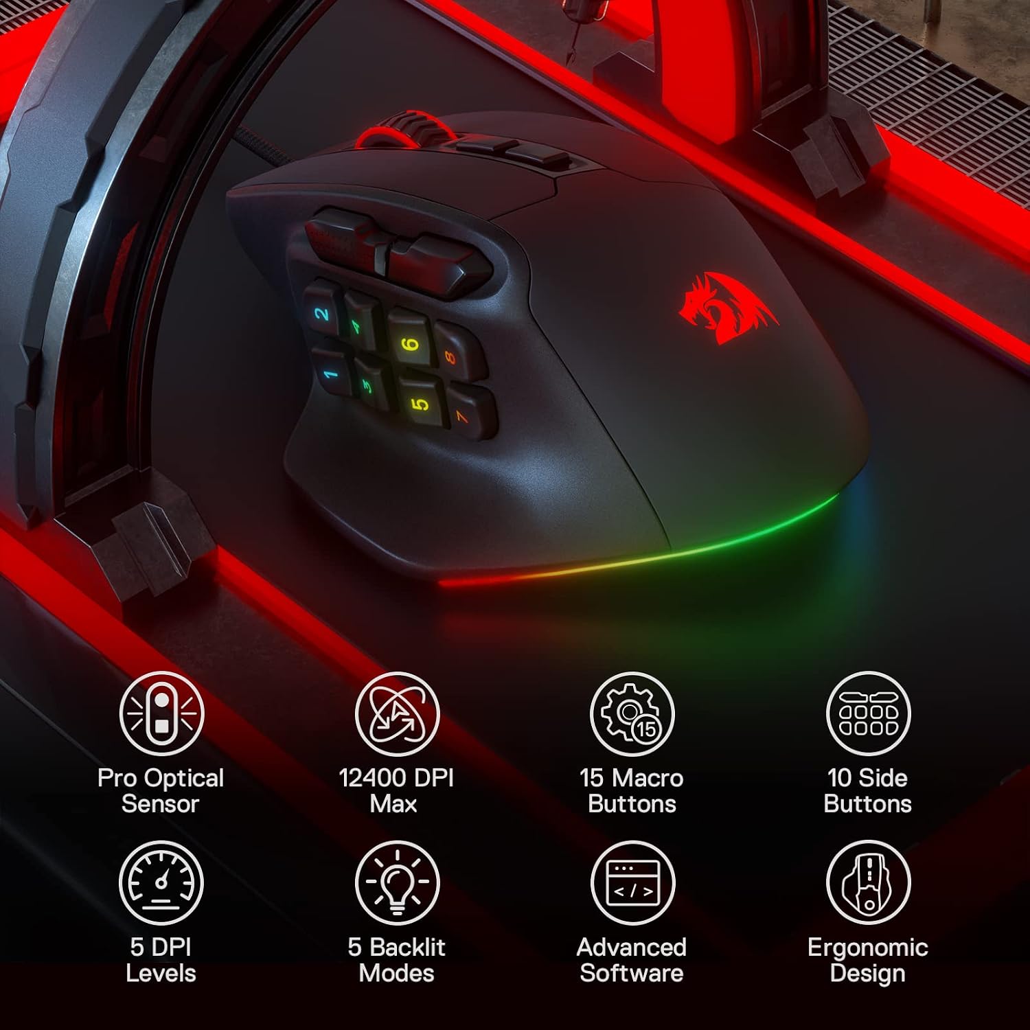 MOUSE GAMER REDRAGON M811 RGB CABLEADO 10000 DPI 15 BOTONES PROGRAMABLES - 3
