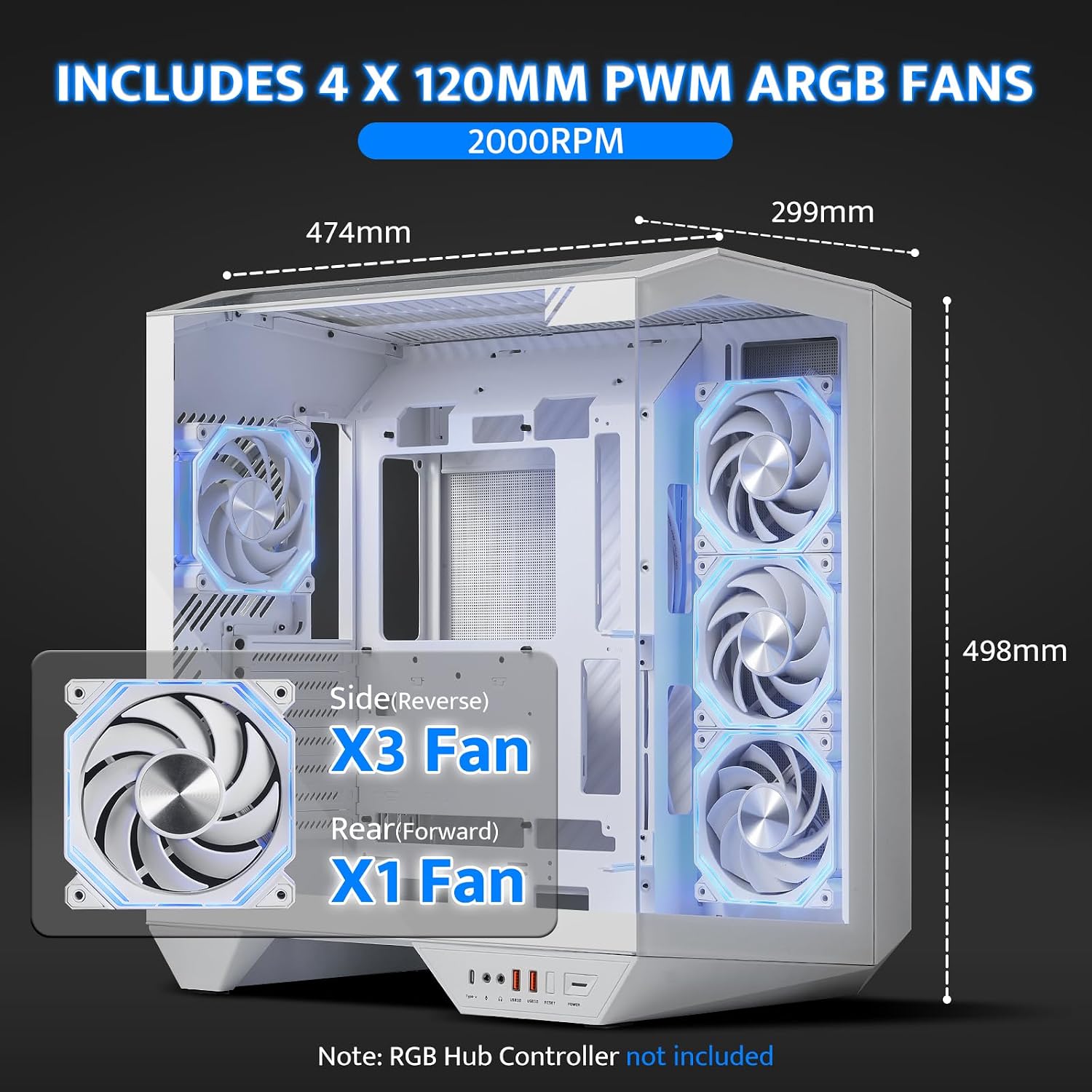 GABINETE PARA PC DARKFLASH DY470 FULL-TOWER ATX BLANCO CON 4 VENTILADORES PWM ARGB - 5