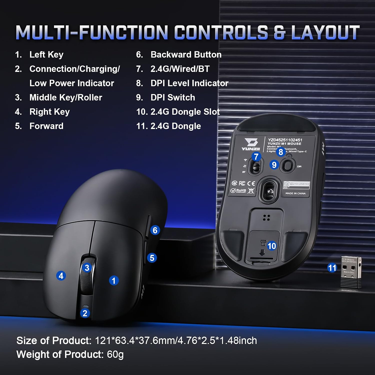 MOUSE GAMER YUNZII M1 PAW3311 WIRELESS NEGRO - 5