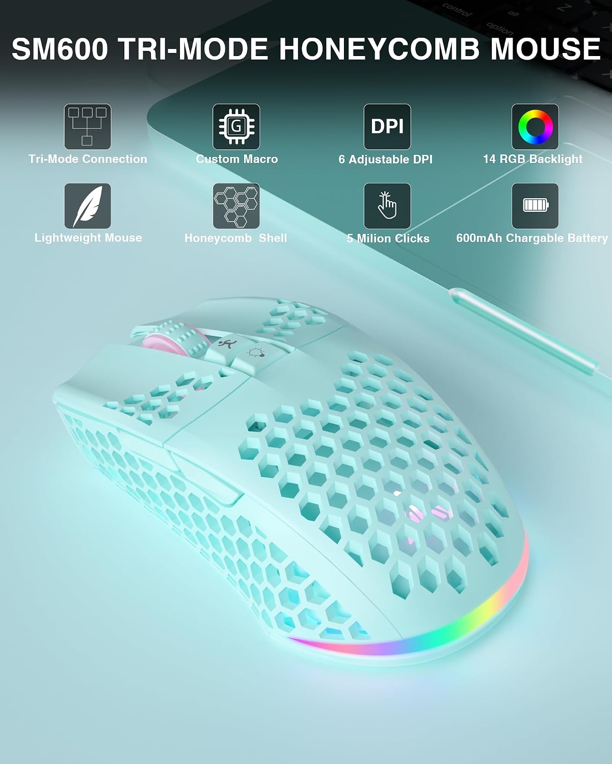 MOUSE GAMER SOLAKAKA SM600 INALÁMBRICO CON CARCASA HONEYCOMB GRIS - 2