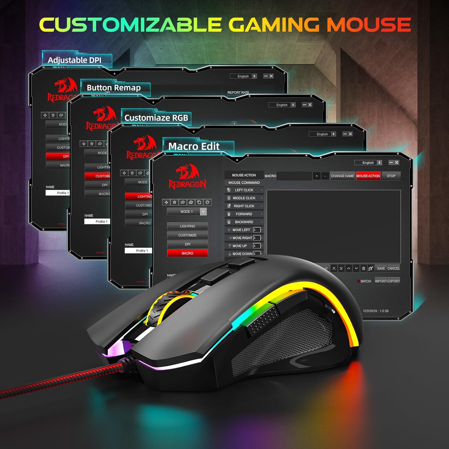 MOUSE GAMER REDRAGON M602 RGB 7200 DPI 9 BOTONES PROGRAMABLES NEGRO - 5
