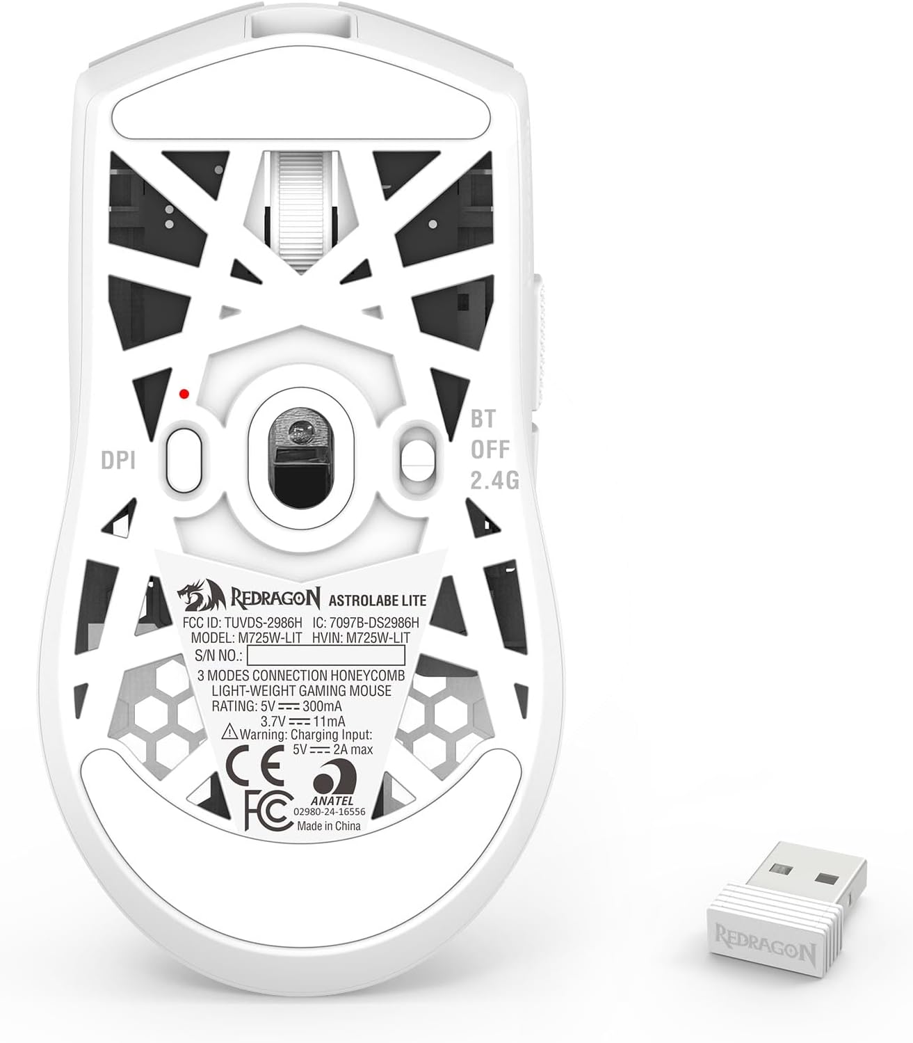 MOUSE GAMER REDRAGON M725 HONEYCOMB SHELL INALÁMBRICO LIGERO 49G BLANCO - 4