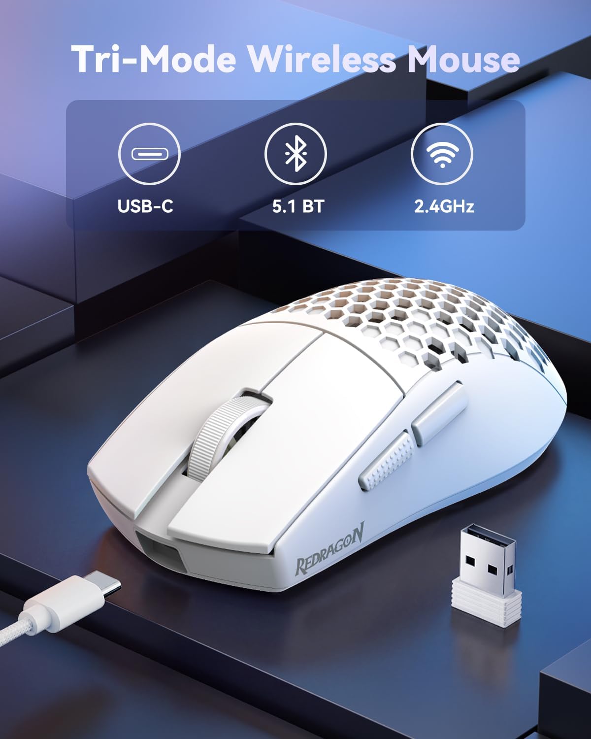 MOUSE GAMER REDRAGON M725 HONEYCOMB SHELL INALÁMBRICO LIGERO 49G BLANCO - 5