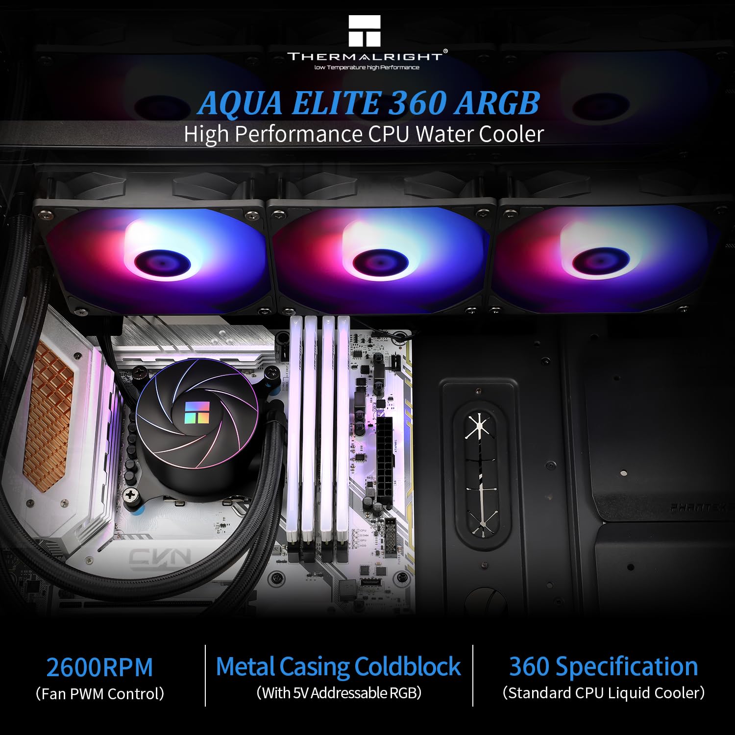 ENFRIADOR LÍQUIDO PARA CPU THERMALRIGHT AQUA ELITE 360 ARGB CON 3 VENTILADORES PWM 1550RPM COMPATIBLE AMD/INTEL - 2