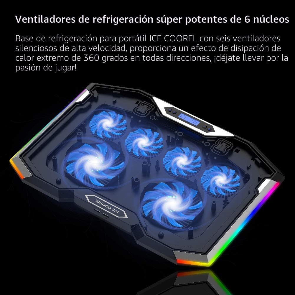 BASE DE ENFRIAMIENTO PARA LAPTOP ICE COOREL GAMING 15-17.3 PULGADAS CON 6 VENTILADORES RGB Y PANTALLA LCD - 2