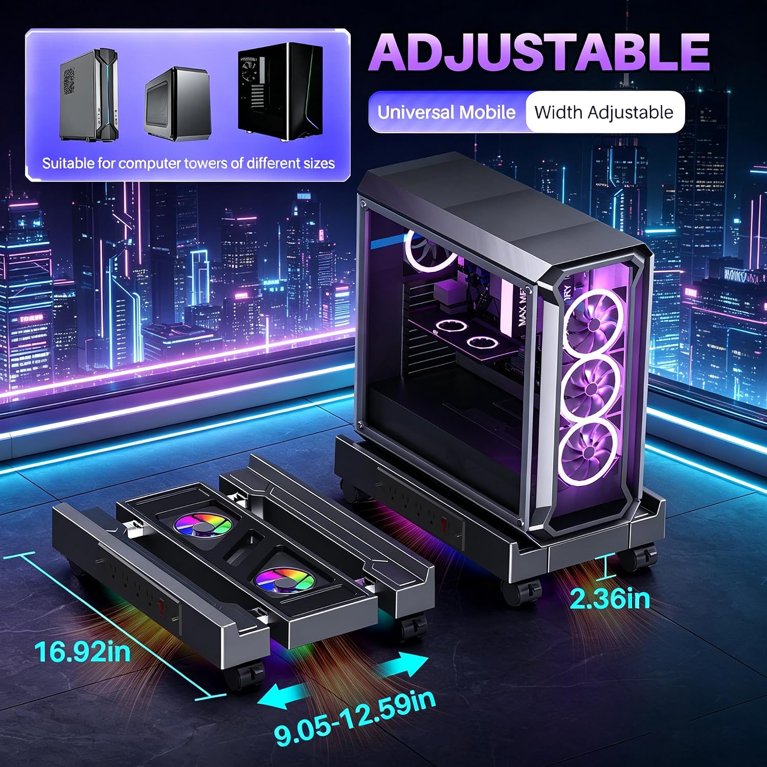 SOPORTE AJUSTABLE PARA TORRE PC HOVADOVA CON VENTILADORES Y TOMA DE CORRIENTE - 2