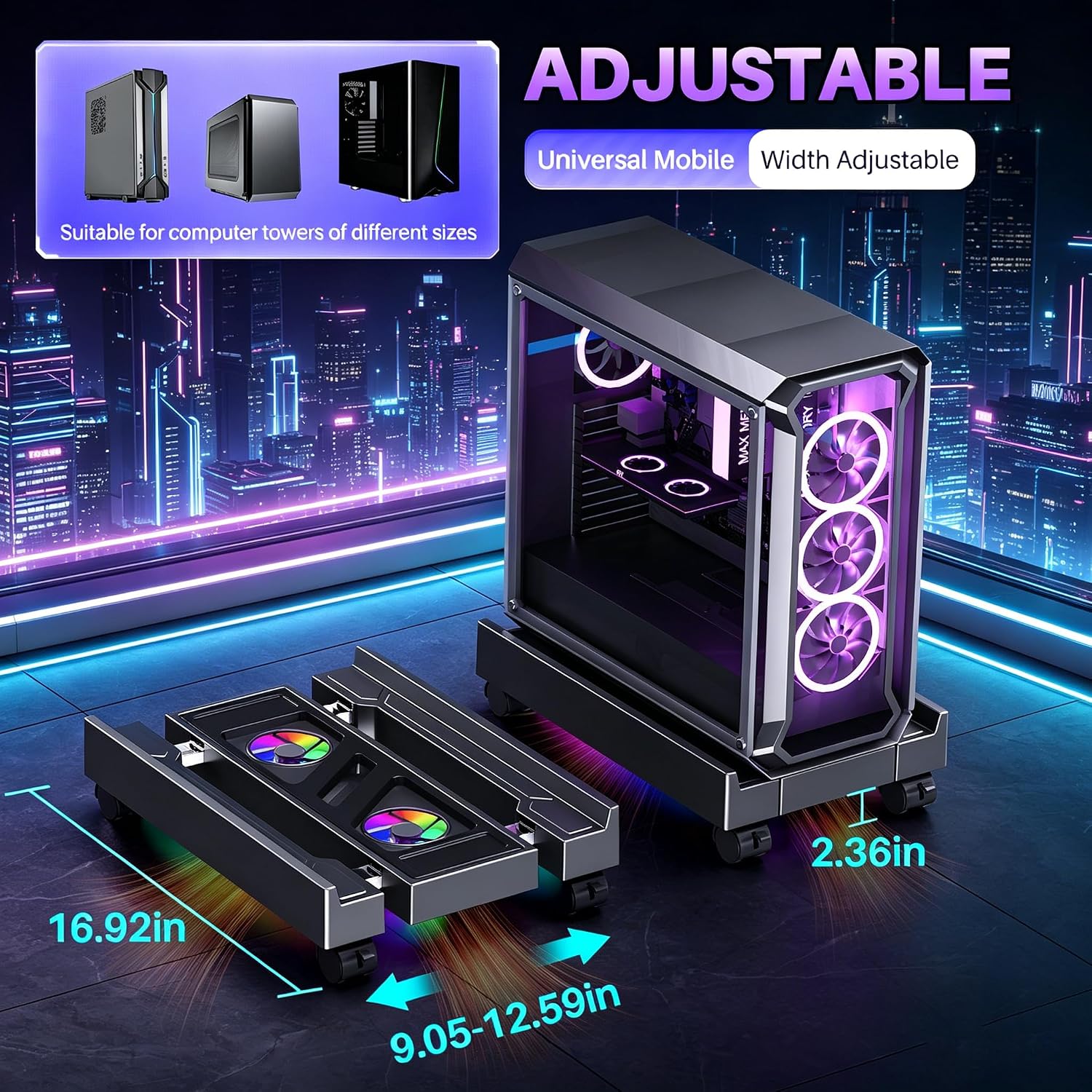 SOPORTE AJUSTABLE PARA TORRE PC HOVADOVA CON VENTILADORES Y RUEDAS - 2