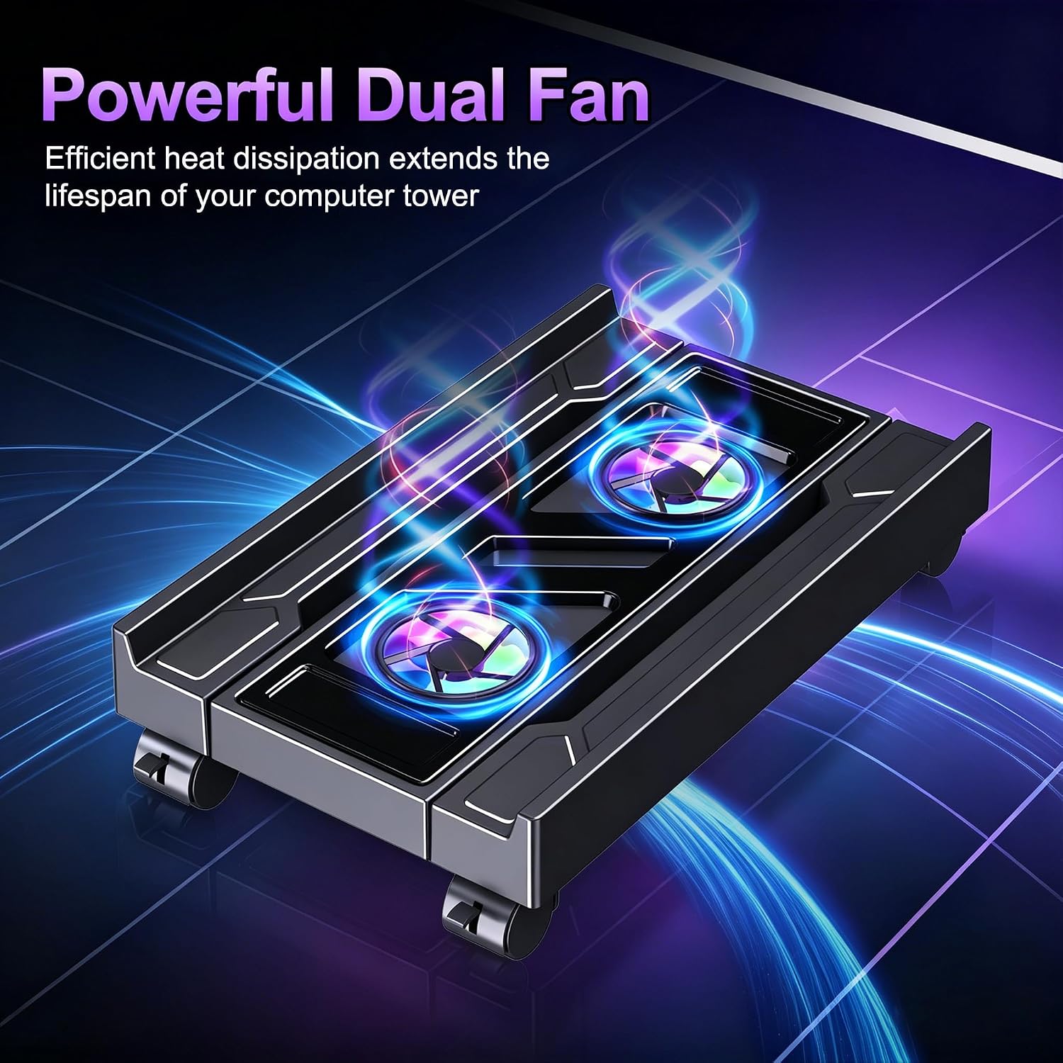 SOPORTE AJUSTABLE PARA TORRE PC HOVADOVA CON VENTILADORES Y RUEDAS - 3