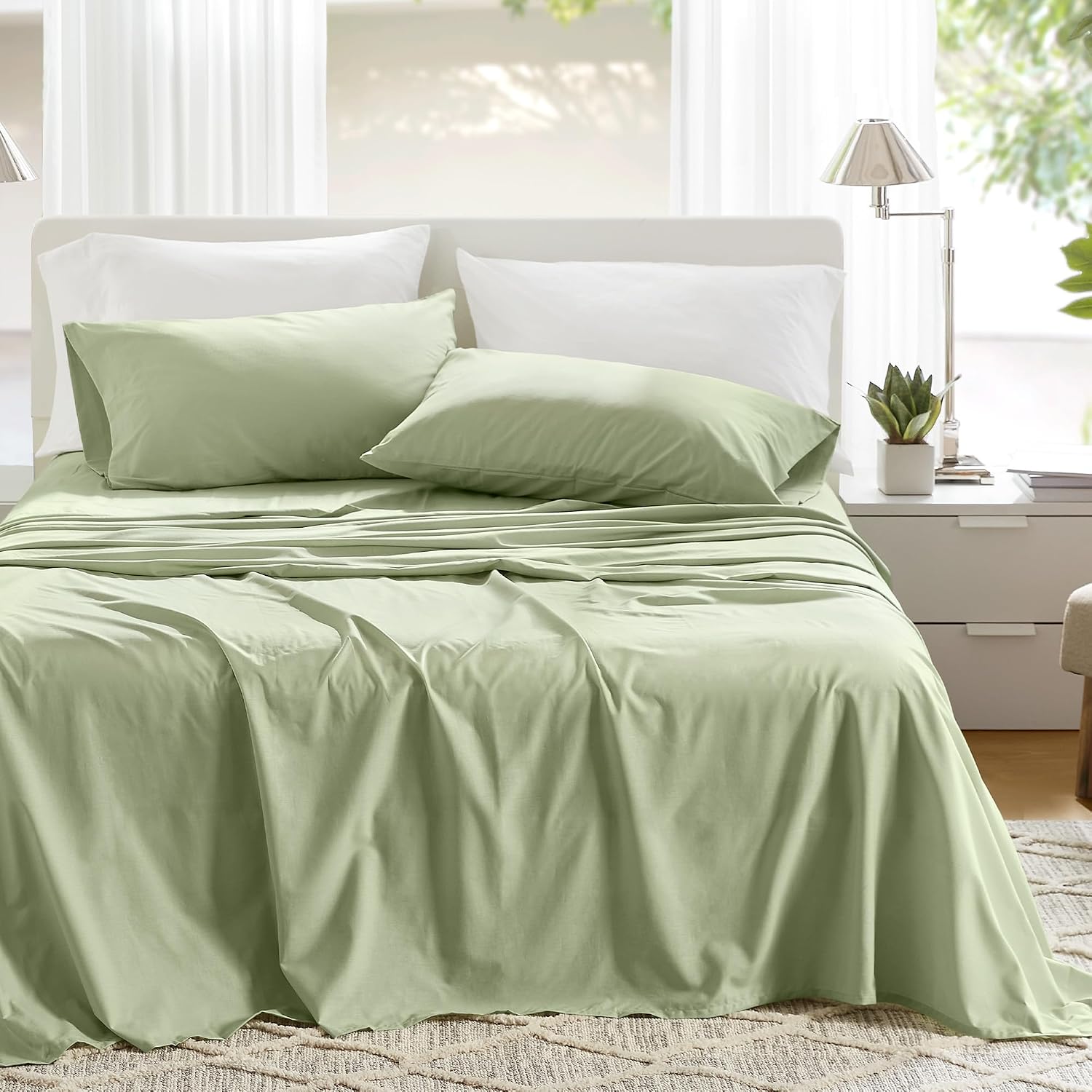 JUEGO DE SÁBANAS COMFORT SPACES QUEEN 100% ALGODÓN PERCAL 4 PIEZAS VERDE SALVIA - 1
