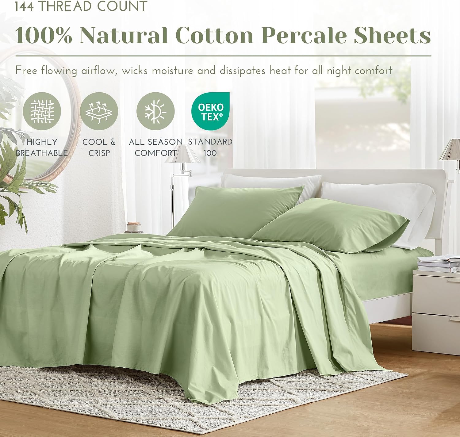 JUEGO DE SÁBANAS COMFORT SPACES QUEEN 100% ALGODÓN PERCAL 4 PIEZAS VERDE SALVIA - 2
