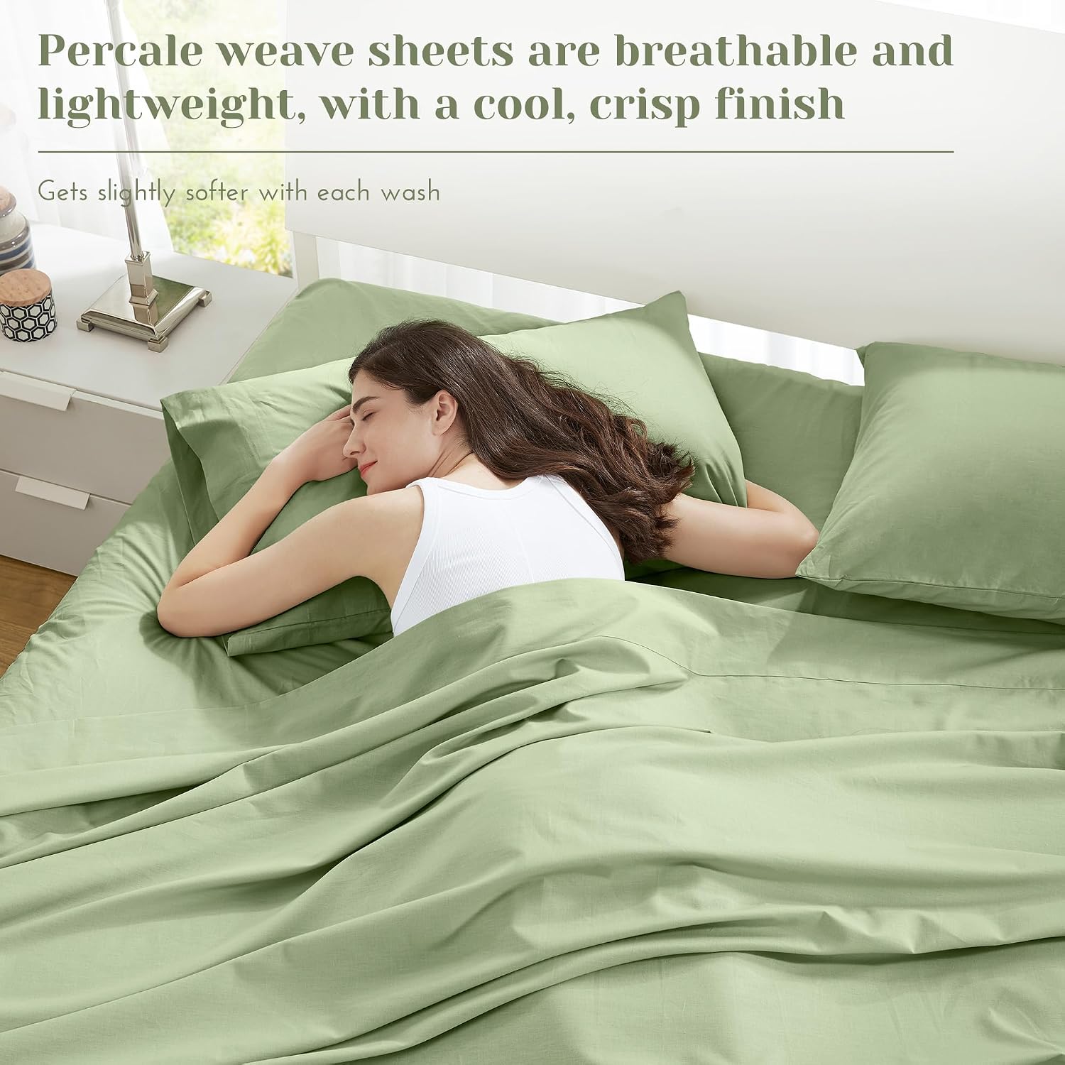 JUEGO DE SÁBANAS COMFORT SPACES QUEEN 100% ALGODÓN PERCAL 4 PIEZAS VERDE SALVIA - 3
