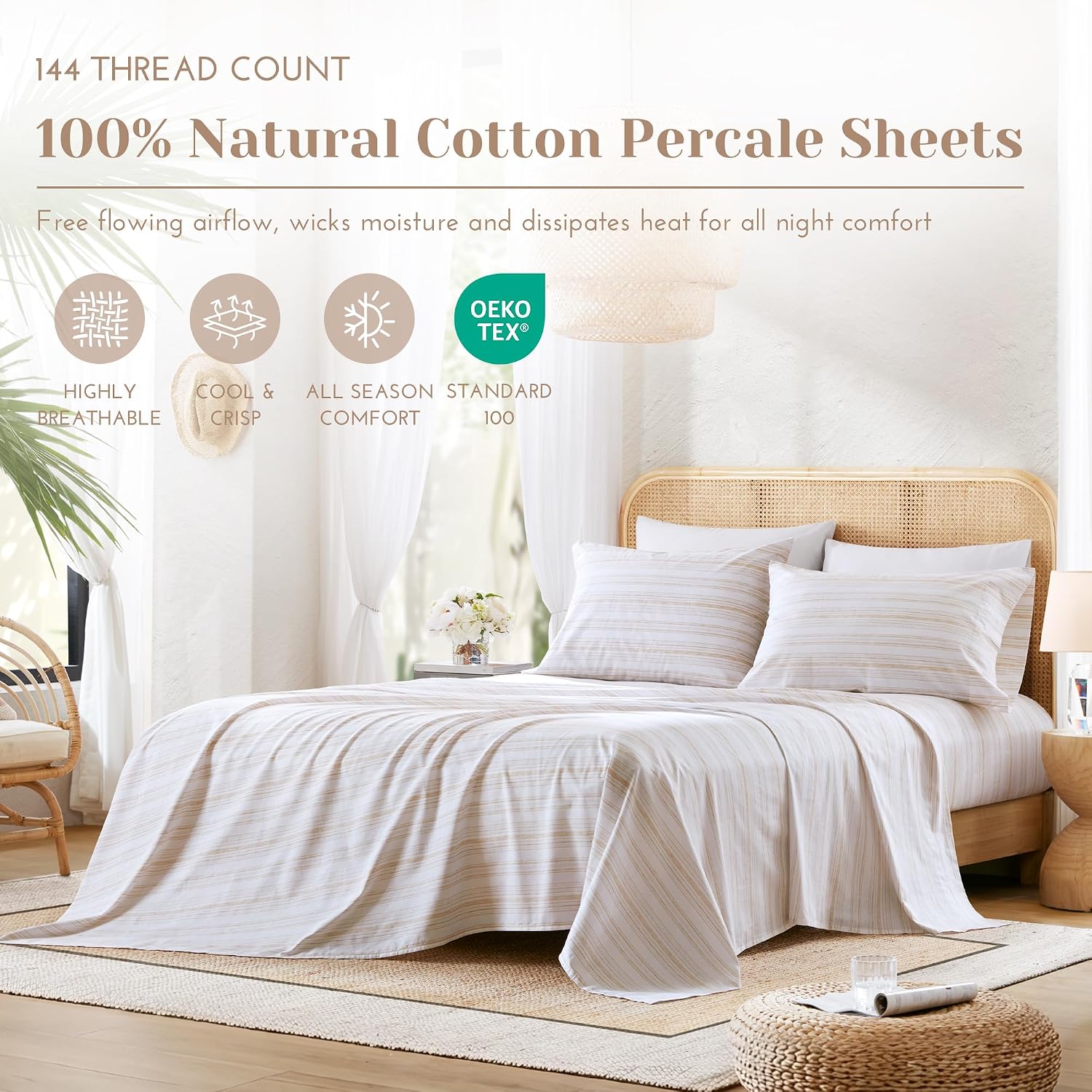 JUEGO DE SÁBANAS COMFORT SPACES QUEEN 100% ALGODÓN PERCAL 4 PIEZAS TAUPE - 2