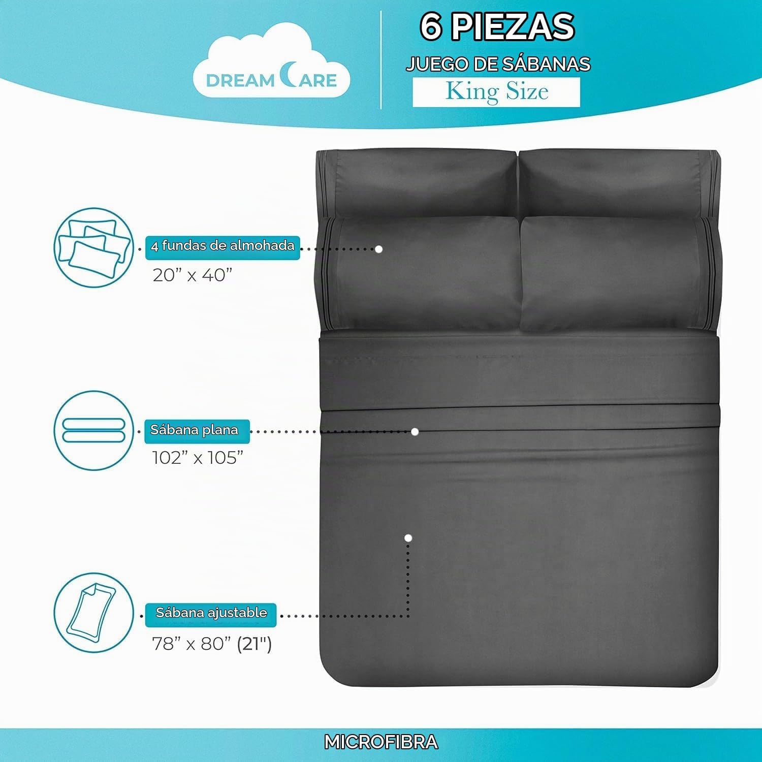 JUEGO DE SÁBANAS KING DREAMCARE 6 PIEZAS MICROFIBRA - 4