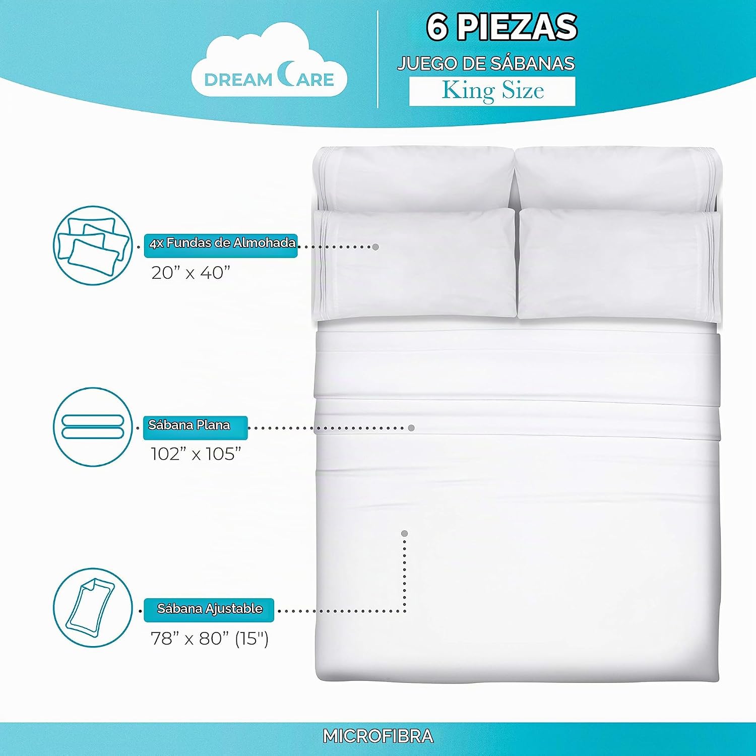 JUEGO DE SÁBANAS KING DREAMCARE 6 PIEZAS MICROFIBRA - 3