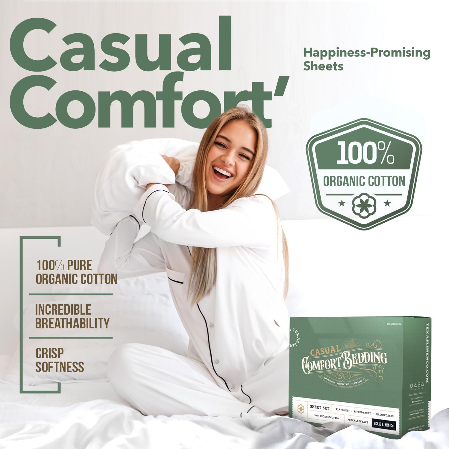 JUEGO DE SÁBANAS TEXAS LINEN CO. KING 100% ALGODÓN ORGÁNICO PERCAL 4 PIEZAS COLOR VERDE AGUA - 2