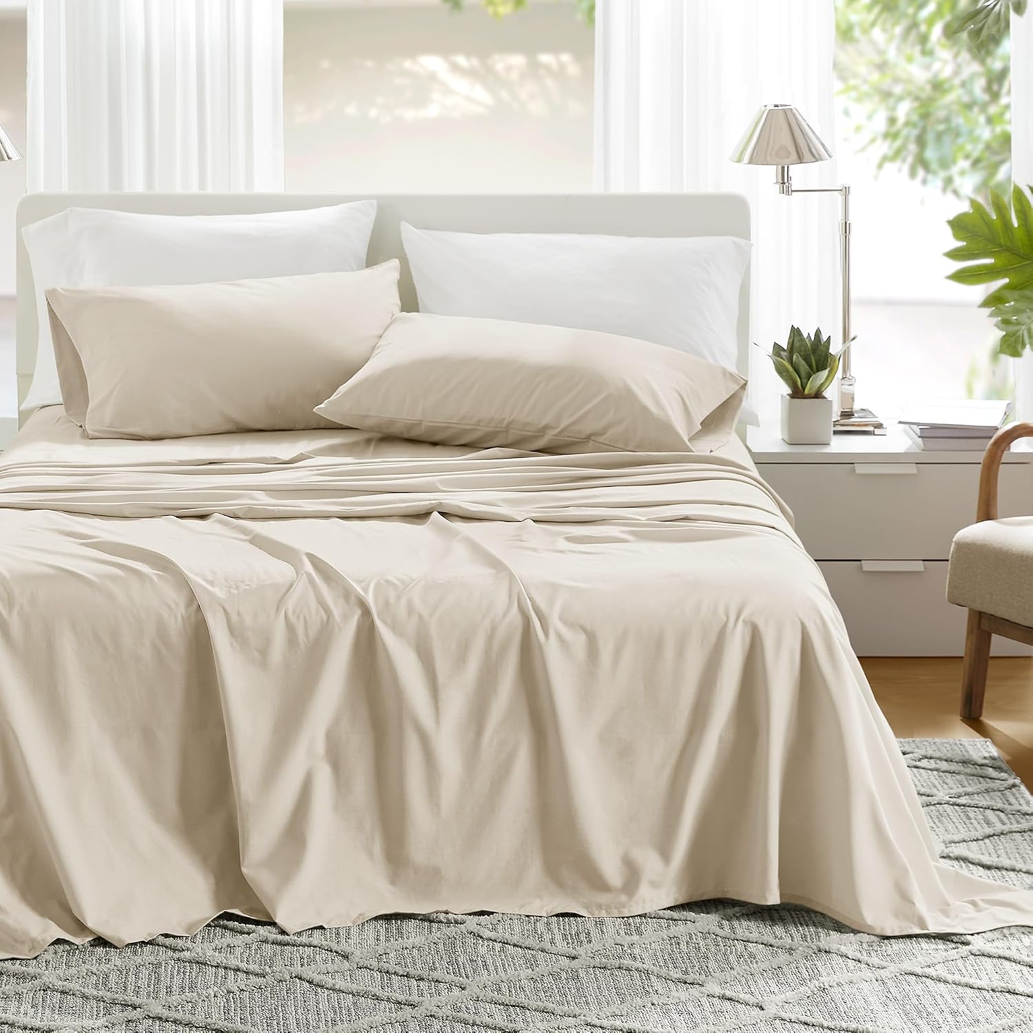 JUEGO DE SÁBANAS COMFORT SPACES PERCALE ALGODÓN 100% QUEEN 4 PIEZAS CREMA - 1