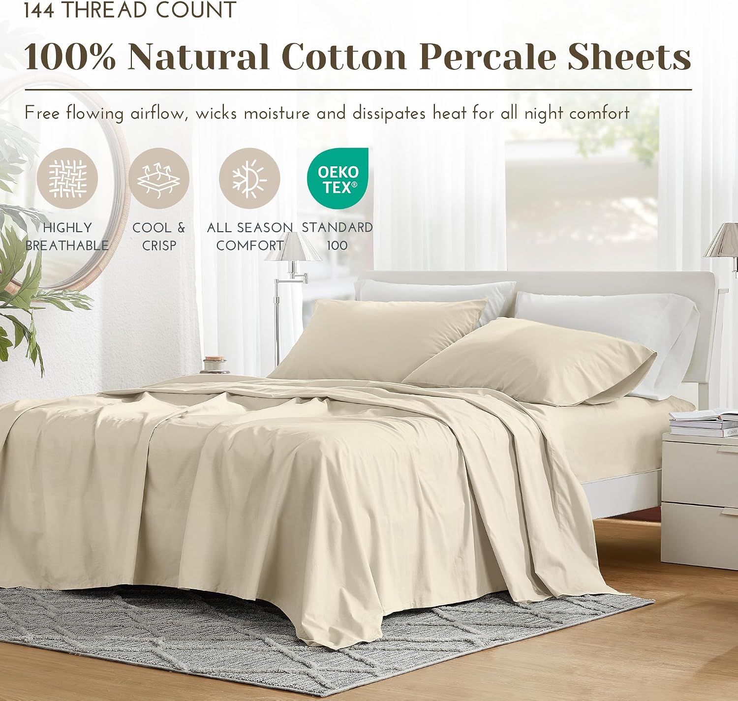 JUEGO DE SÁBANAS COMFORT SPACES PERCALE ALGODÓN 100% QUEEN 4 PIEZAS CREMA - 2