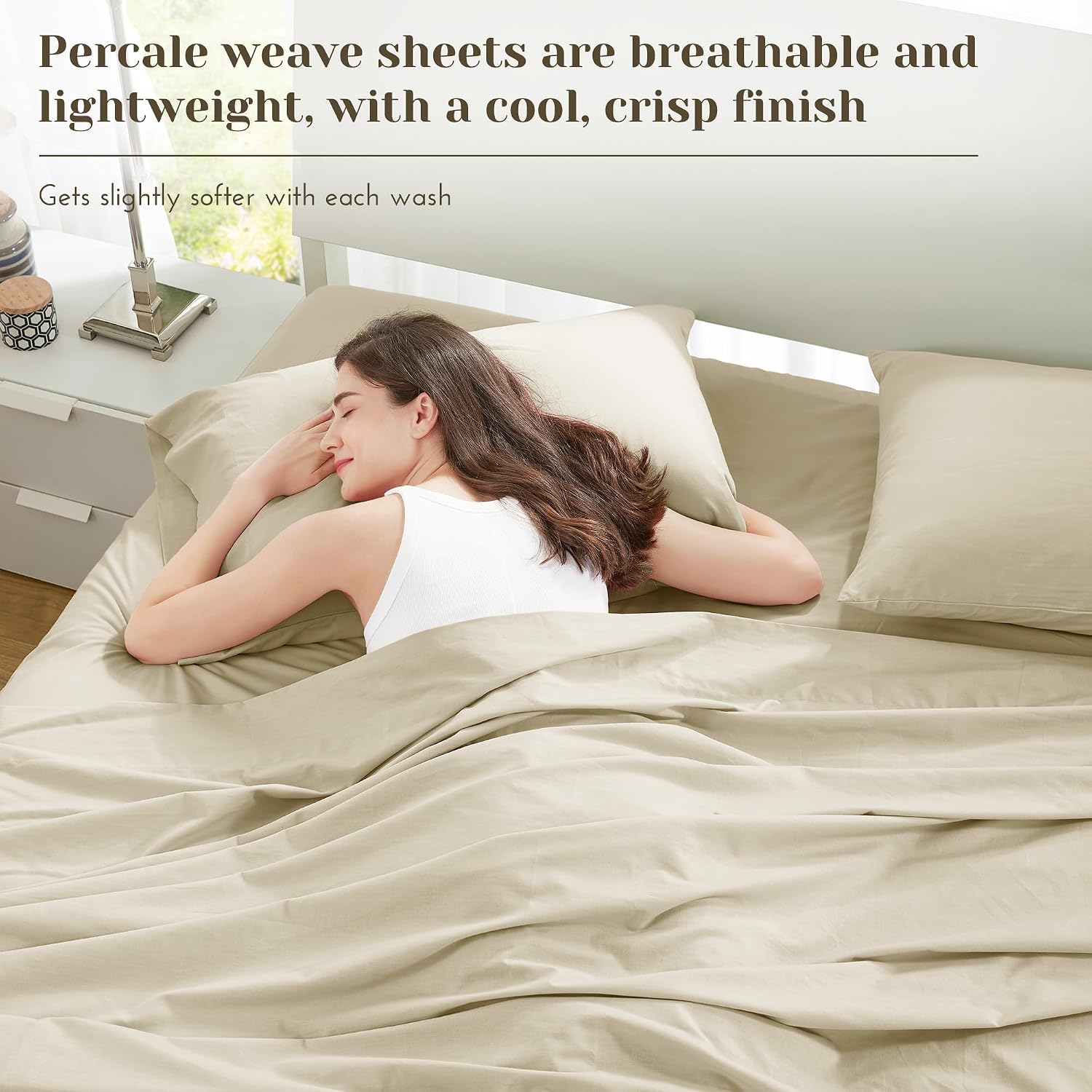 JUEGO DE SÁBANAS COMFORT SPACES PERCALE ALGODÓN 100% QUEEN 4 PIEZAS CREMA - 3