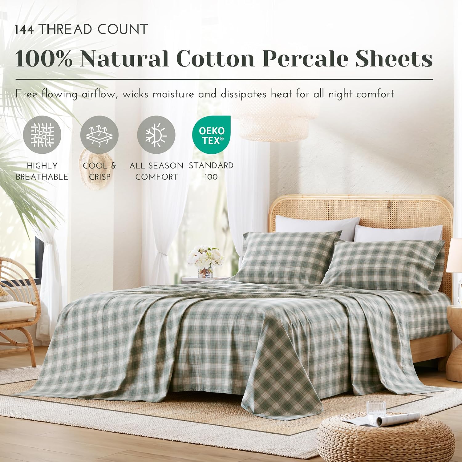 JUEGO DE SÁBANAS COMFORT SPACES WESLEY QUEEN 4 PIEZAS ALGODÓN PERCAL 144 HILOS VERDE - 2