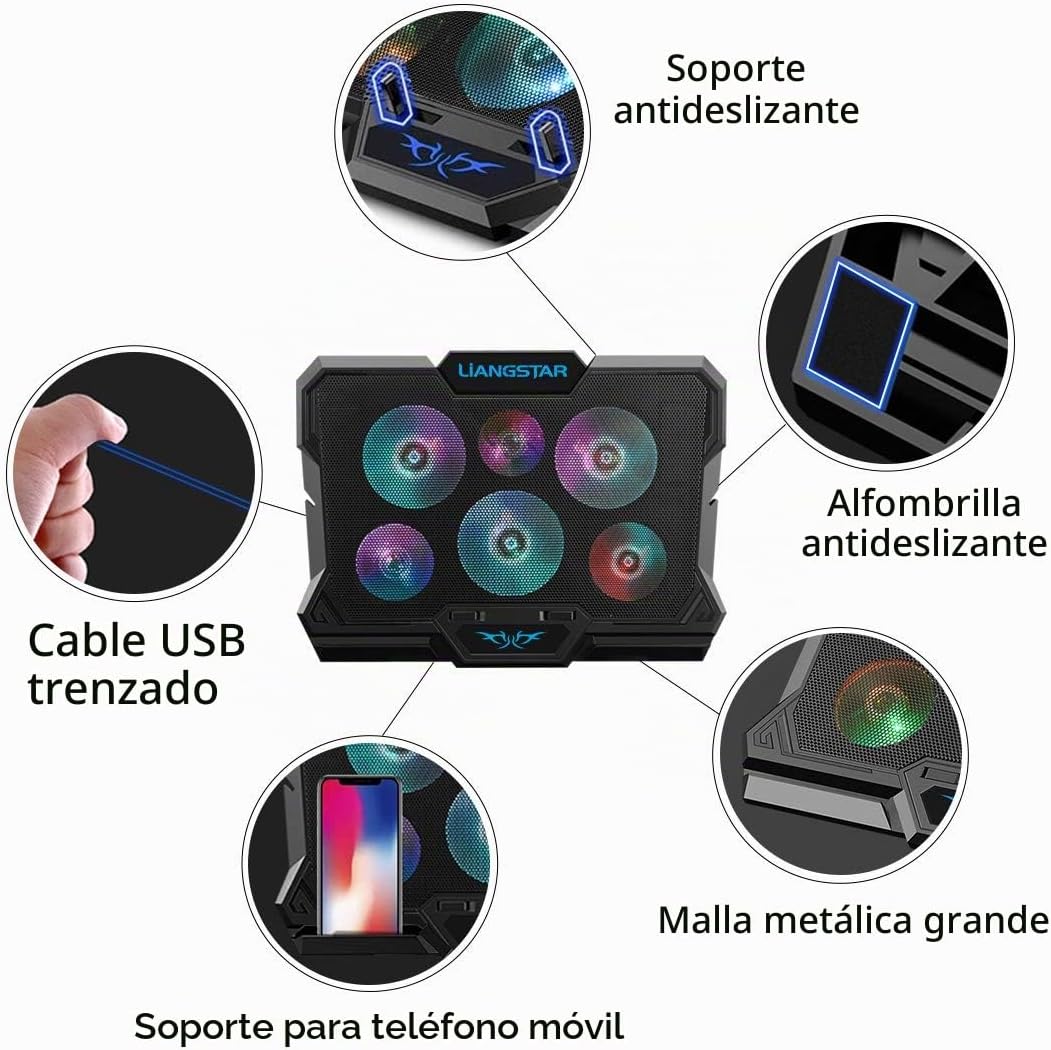 BASE DE ENFRIAMIENTO PARA LAPTOP LIANGSTAR 6 VENTILADORES RGB PARA LAPTOPS 15.6-17 PULGADAS - 4